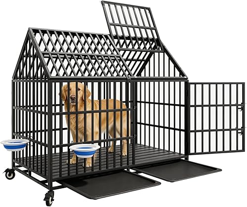 Jaula para perros grande de 50 pulgadas, perrera indestructible XL/XXL con techo abierto, 4 ruedas bloqueables y 2 bandejas, jaula de impacto a