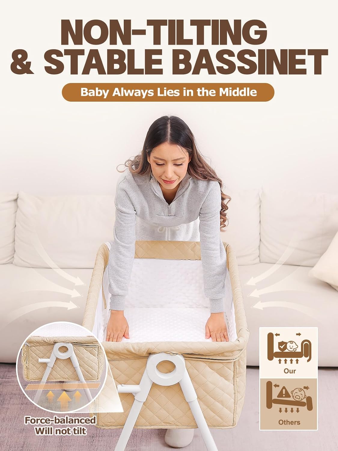 Bassinet Bedside Sleeper, Baby Bassinet with Crib Sheet and Wheels | 4 Adjustable Height Bedside Crib with Comfy Mattress, Breathable Mesh Baby Crib for Newborn, Khaki, MinoBub