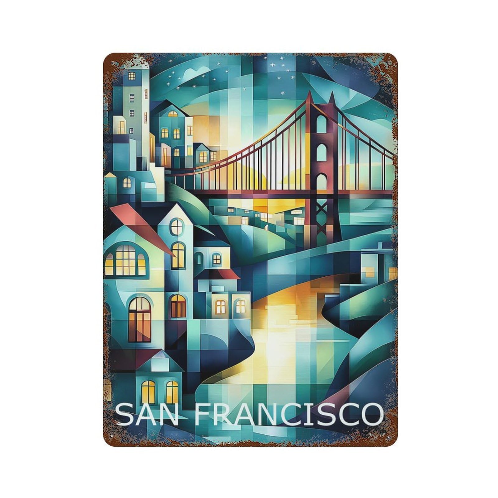 San Francisco Geometric Cityscape - Golden Gate Bridge Art Rusty Metal Tin Sign 15.7"x11.8", for Patio, Garden Room And Bar Decor, Old School Wall Decor