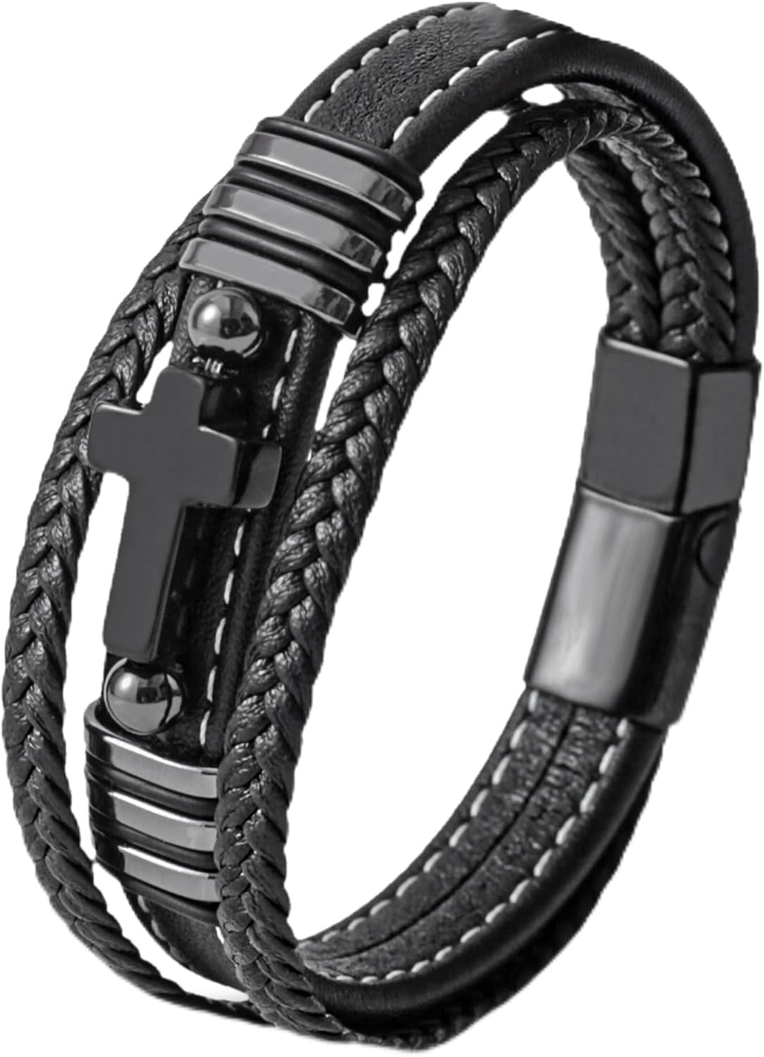 Mens Cuff Cross Bracelets - Stainless Steel Christian for Men - Black Multilayer Leather Religious Punk Jewelry