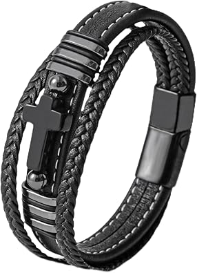 Mens Cuff Cross Bracelets - Stainless Steel Christian for Men - Black Multilayer Leather Religious Punk Jewelry