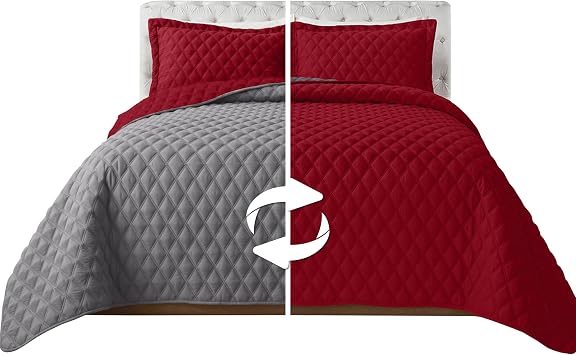 Elegant Comfort 3-Piece Quilted Reversible Bedspread Coverlet Set with Pillow Shams, Exquisite Diamond Stitching All Season Heavy Weight - Ultra Soft Premium Quilt- Twin, Burgundy/Gray