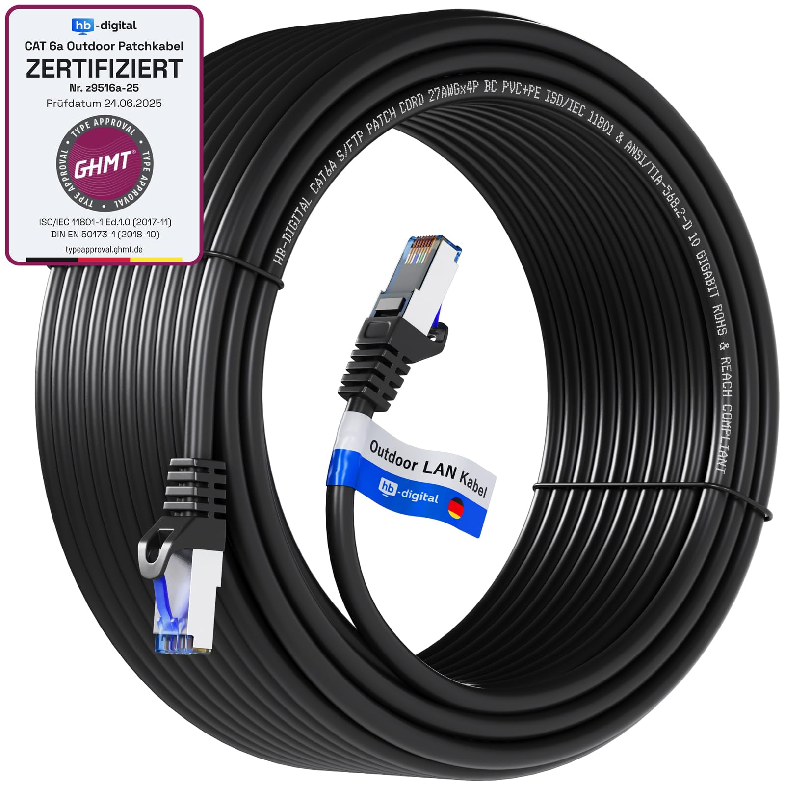 HB-DIGITAL Cat.6a Outdoor Netzwerkkabel Cat6a Patchkabel für Außen-& Innenbereich SCHWARZ RJ45 Stecker Ethernet LAN Cable S/FTP PIMF 500MHz IP66 Staub-, Wasserbeständig/Öl-resistent/UV-geschützt