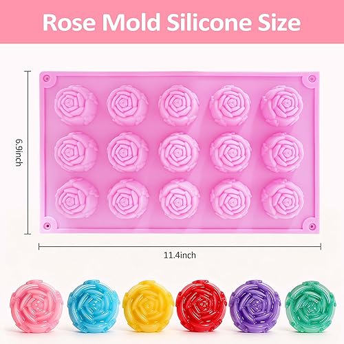 Miniatura 2 de Paquete de 2 moldes de silicona para fondant de rosas, antiadherentes de 15 cavidades para dulces, chocolate, gelatina, jabón y cubitos de hielo,