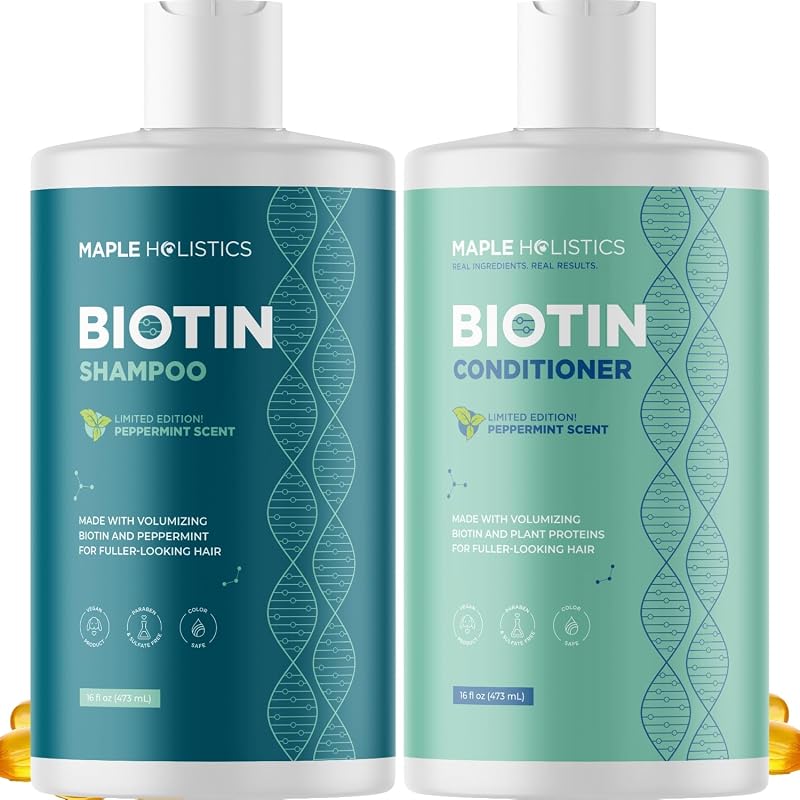Volumizing Biotin Shampoo and Conditioner Set - Peppermint Shampoo and Conditioner for Thinning Hair Care with Argan Coconut & Olive Oil - Color Safe - Paraben Silicone & Sulfate Free (16 Fl Oz Each)
