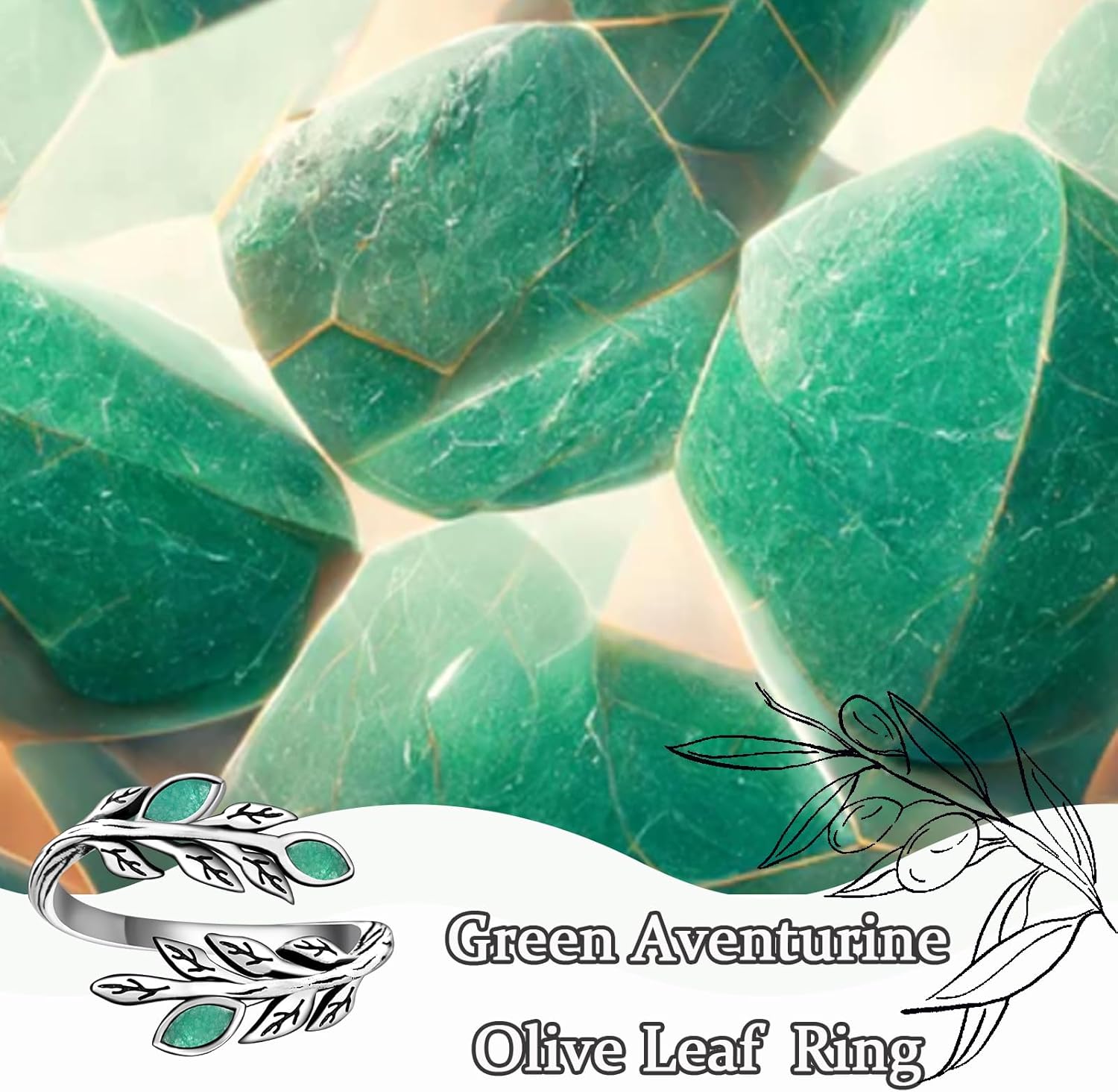 Green Aventurine Olive Leaf Ring - 925 Sterling Silver Peaceful Adjustable Nature leaves Wrap Ring Olive Jewelry Gifts for Women Wedding Engagement