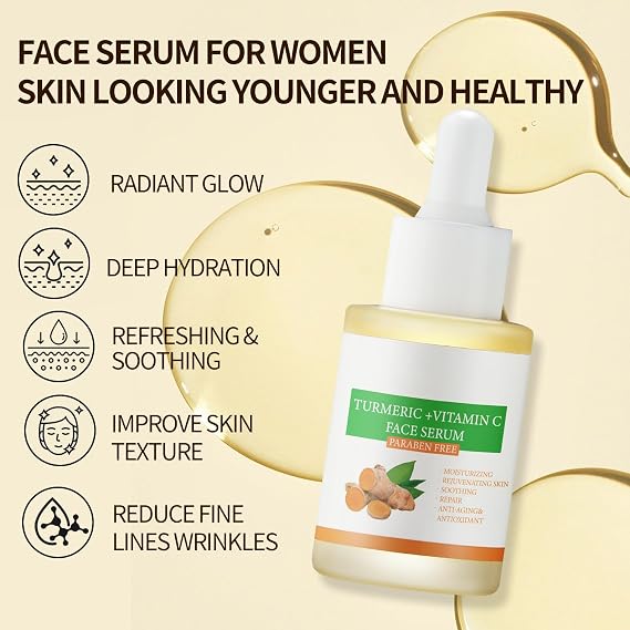 Turmeric Vitamin C Face Serum For Women, Hydrating Serums For Face With Ginger For Dull Skin,Sun Damage, Fine Lines, For Plumper, Smoother Skin, Clarifying 30ml