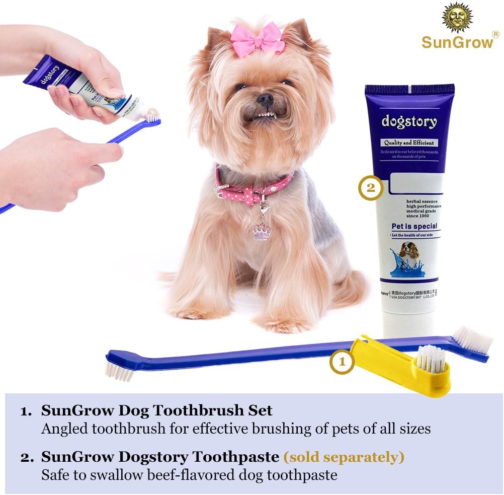 SunGrow Dog Toothbrush Set, 2 Long Dual-Headed Brush, 2 Finger Brushes, 4 Pcs per Pack : Pet Supplies