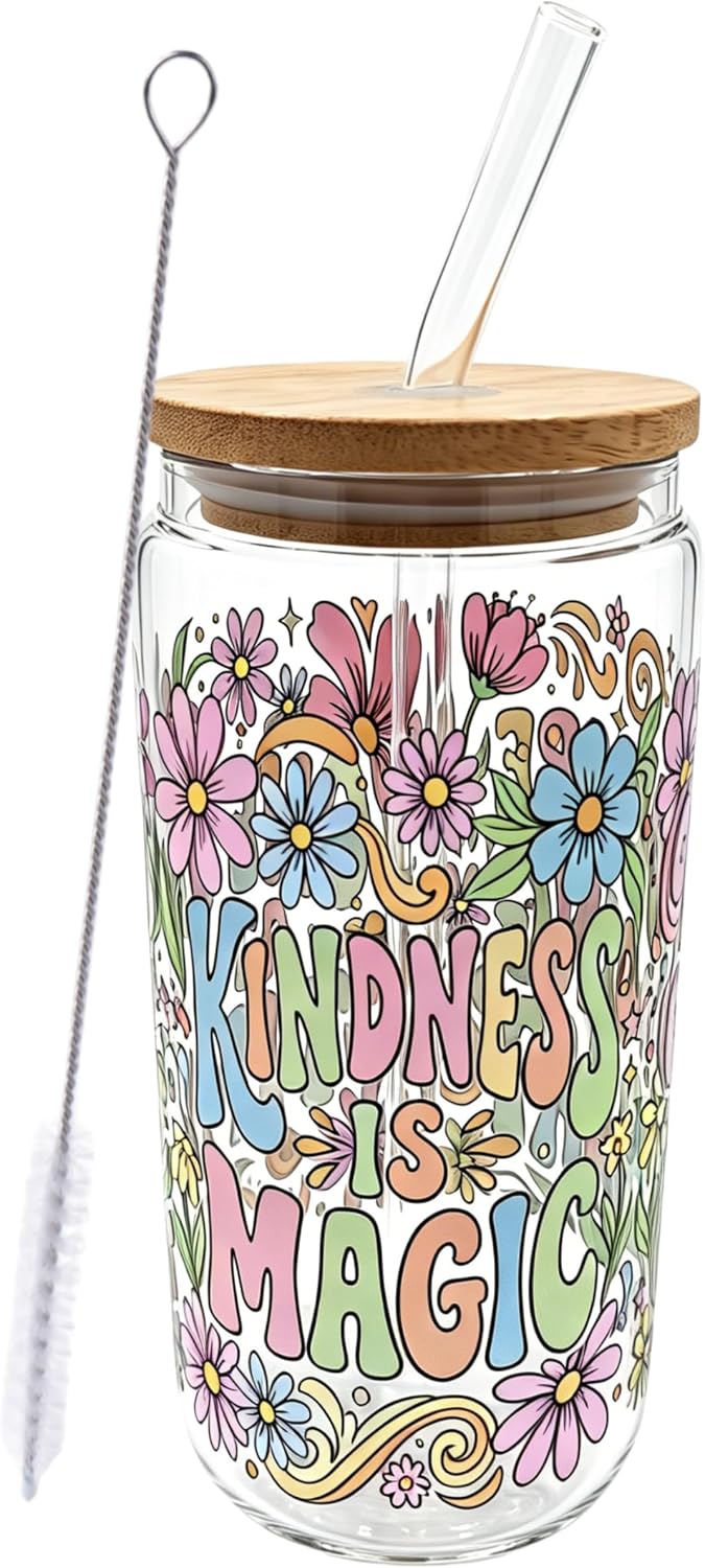 Kindness is Magic Daily Affirmation Glass Cup with Lid and Straw - 18oz Motivational Aesthetic Iced Coffee Cup - Double-Sided UV Print Can Shaped Glass - Positivity Gifts for Women