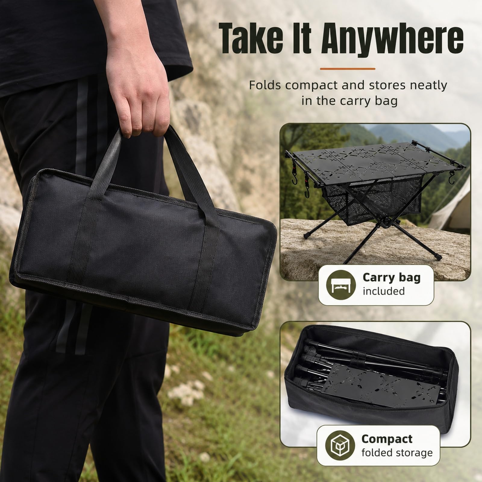 GOOGO Tavolo pieghevole da campeggio con piano in alluminio e ripiano in rete, tavolino ultraleggero per picnic, pesca e cucina all’aperto, 59 x 40 x 38 cm (nero)