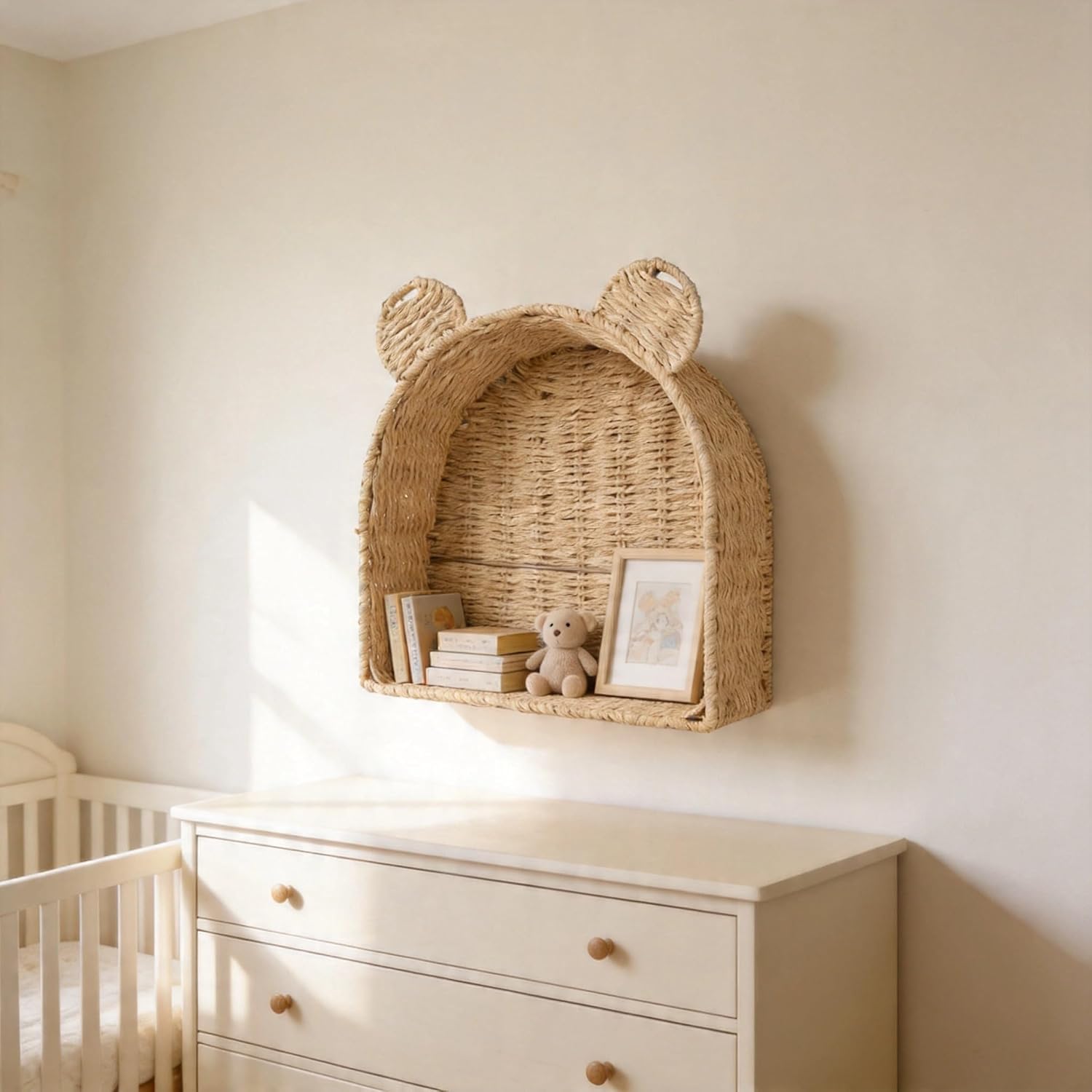 Arched Bear Nursery Wall Shelf, Handwoven Wicker Nursery Shelf for Wall, Wall Mounted Nursery Bookshelf for Small Books, Toys & Décor