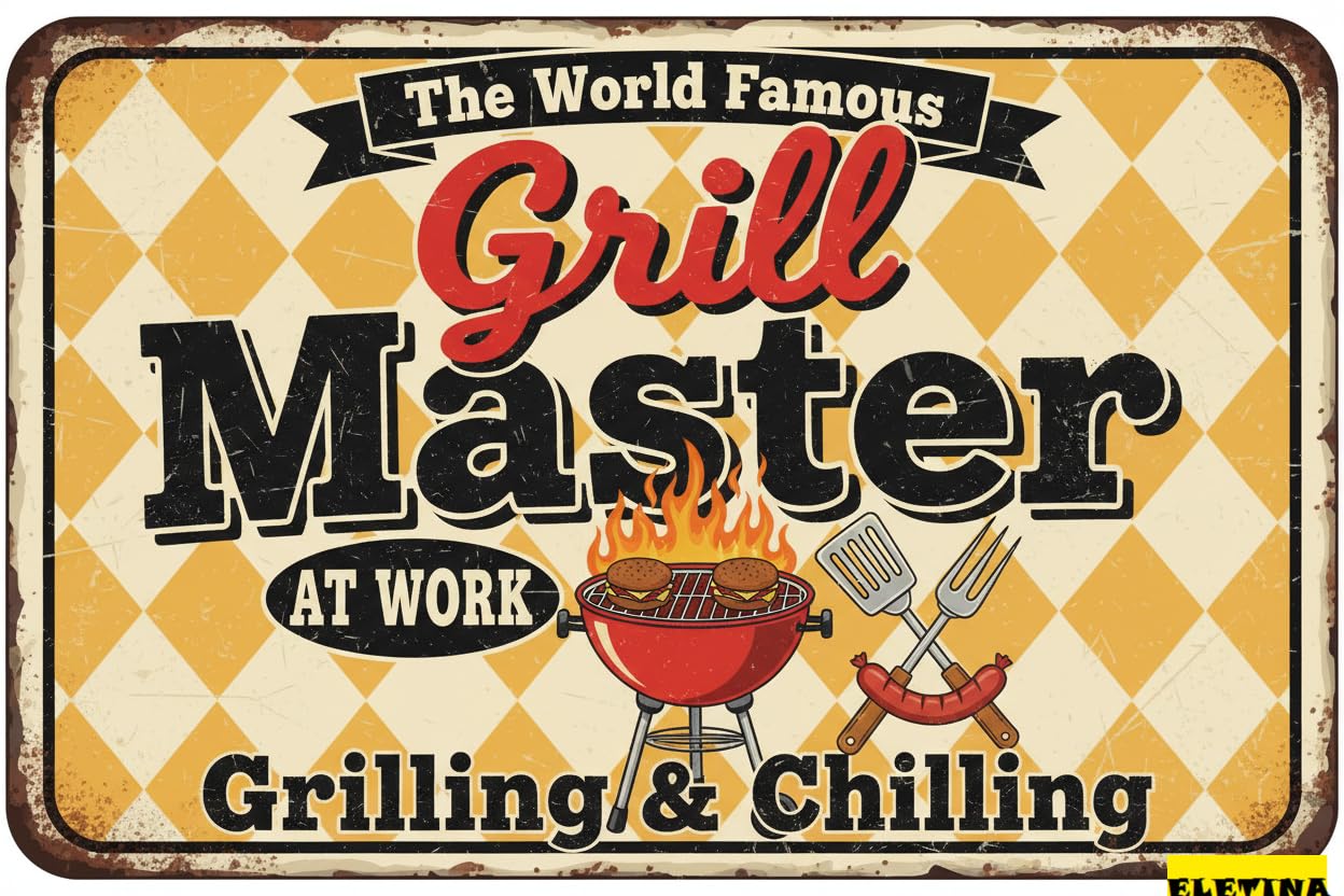 Vintage Metal Tin Sign The World Famous Grill Master At Work Grilling And Chilling Bbq Iron Look 8x12 Inch Decoration Home Kitchen Garden Living Room Yard Outdoor Porch Farmhouse Funny Wall Decor