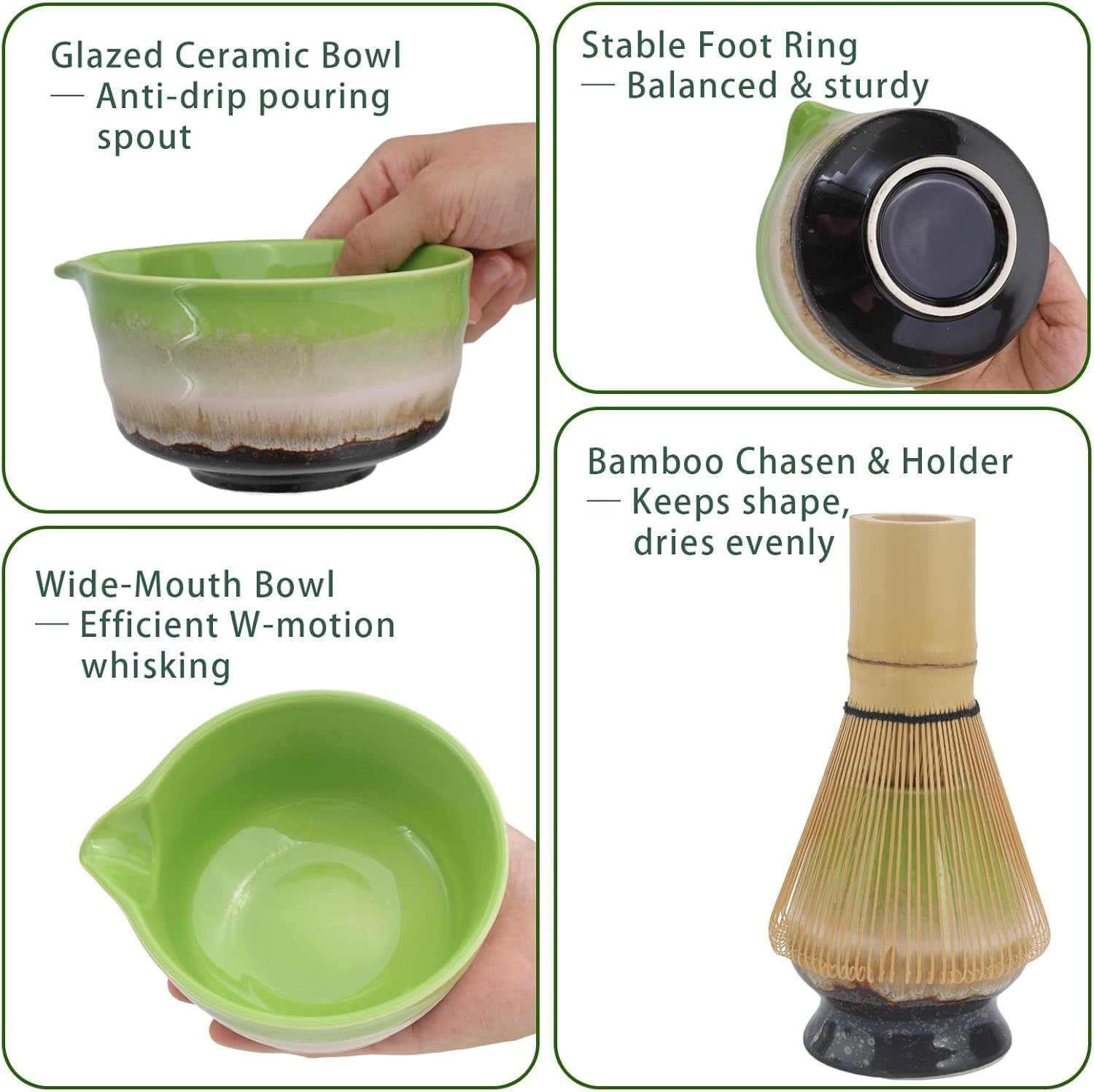 Matcha Whisk Set,8 Pcs Matcha Kit Includes Matcha Bowl with Spout,Matcha Whisk Holder,Bamboo with Ceramic Holder,Bamboo Scoop and Rest,Sifter,Tea Towel for Ceremony Matcha Lovers Gift (Green)
