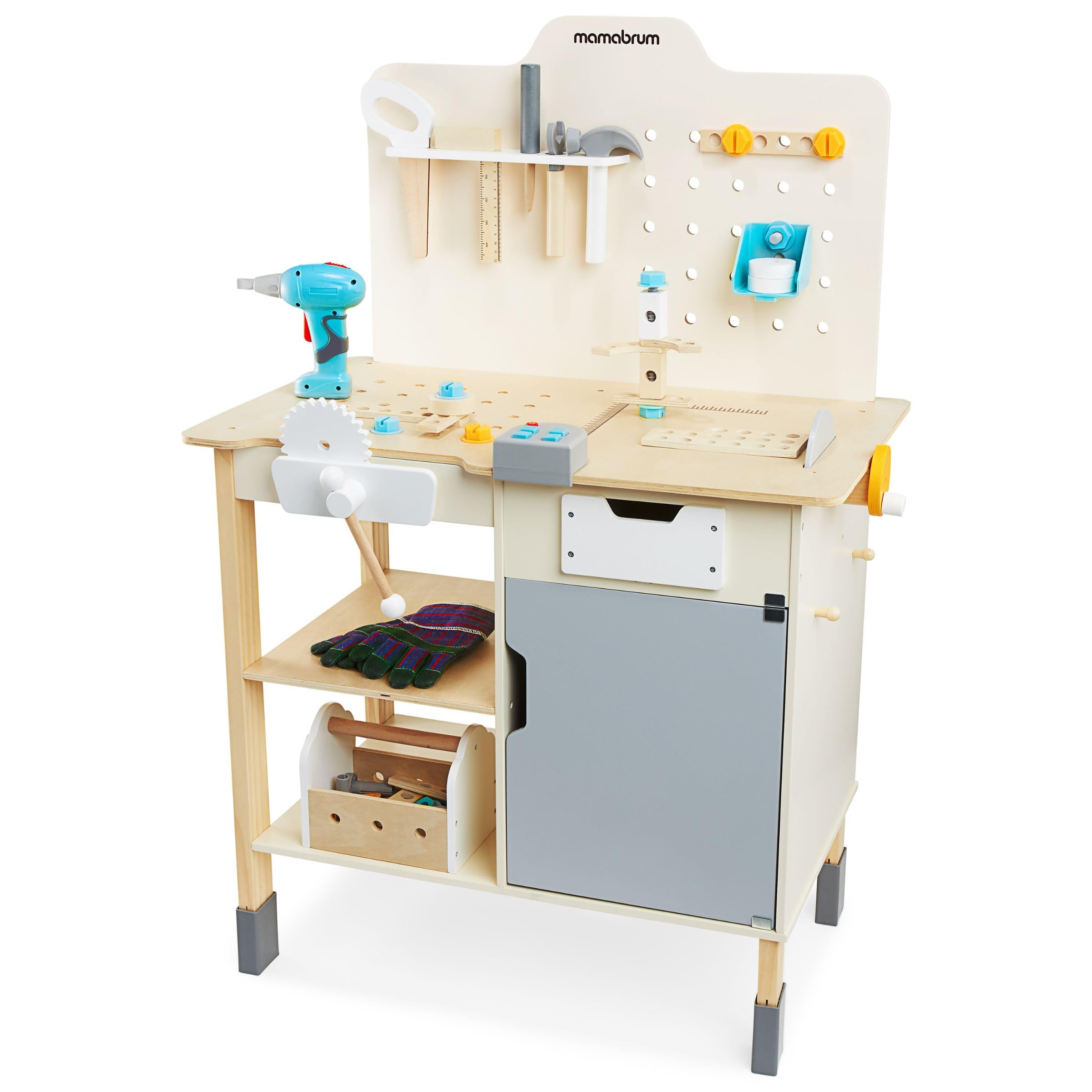 mamabrum Banco Trabajo Madera para Niños - Mesa Herramientas XXL con 74 Piezas, Taladro Eléctrico y Sierra Circular - Altura Ajustable 97-103cm - A Partir de 2 Años