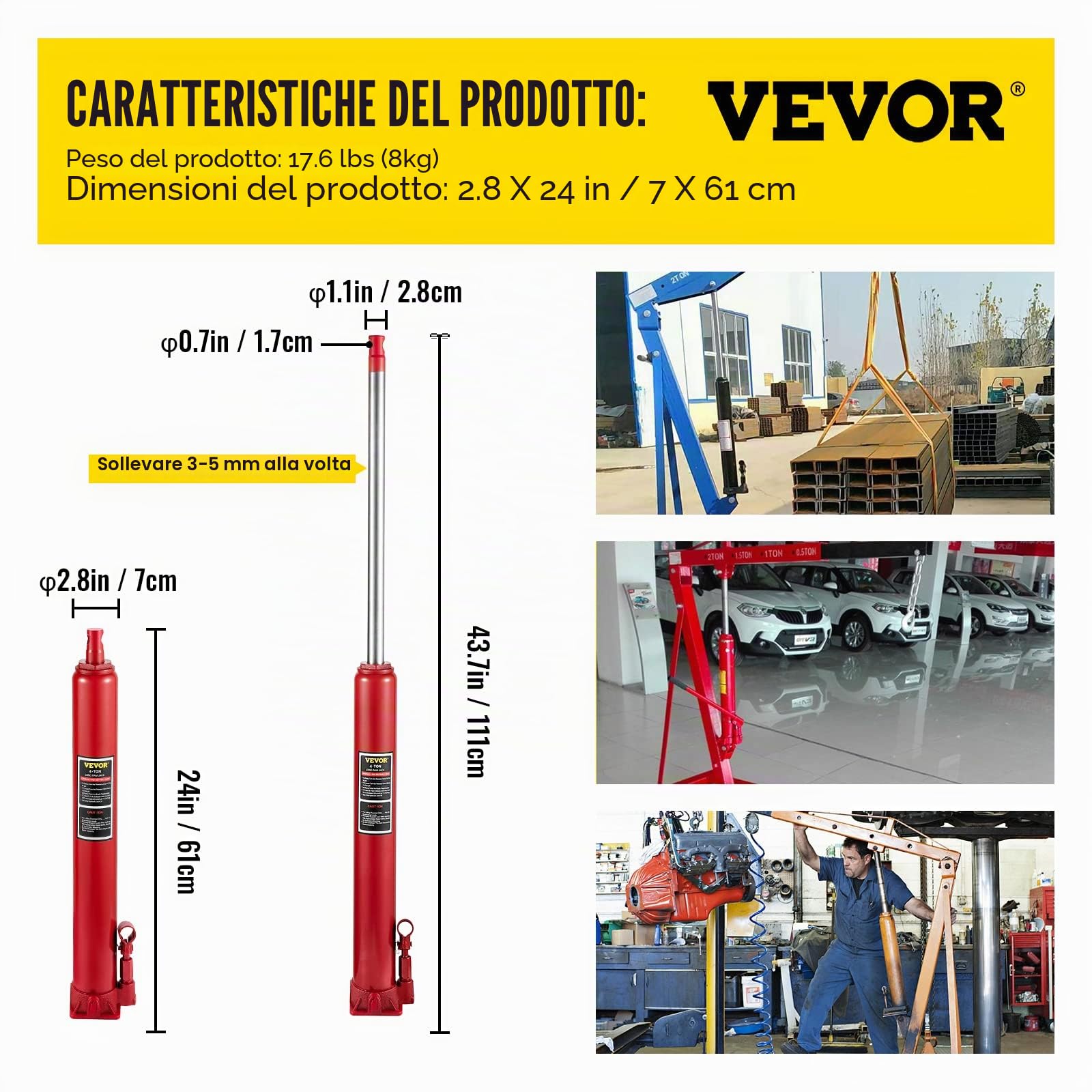 VEVOR Cric idraulico a pistone lungo, capacità 4 tonnellate, con pompa a pistone singolo e base piatta, raccoglitrice manuale di ciliegie con maniglia paranco di sollevamento motore