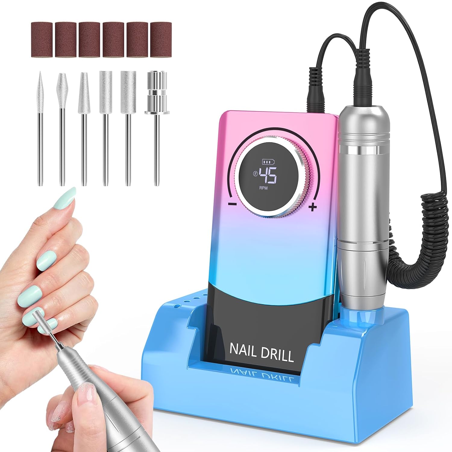 Electric Nail Drill Professional: 45000RPM Rechargeable Nail File with Bits & Base for Acrylic Gel Nails, Professional Nail Drill Manicure Pedicure Polishing Shape Tools for Home Salon Electric Nail Drill Professional: 45000RPM Rechargeable Nail File with Bits & Base for Acrylic Gel Nails, Professional Nail Drill Manicure Pedicure Polishing Shape Tools for Home Salon