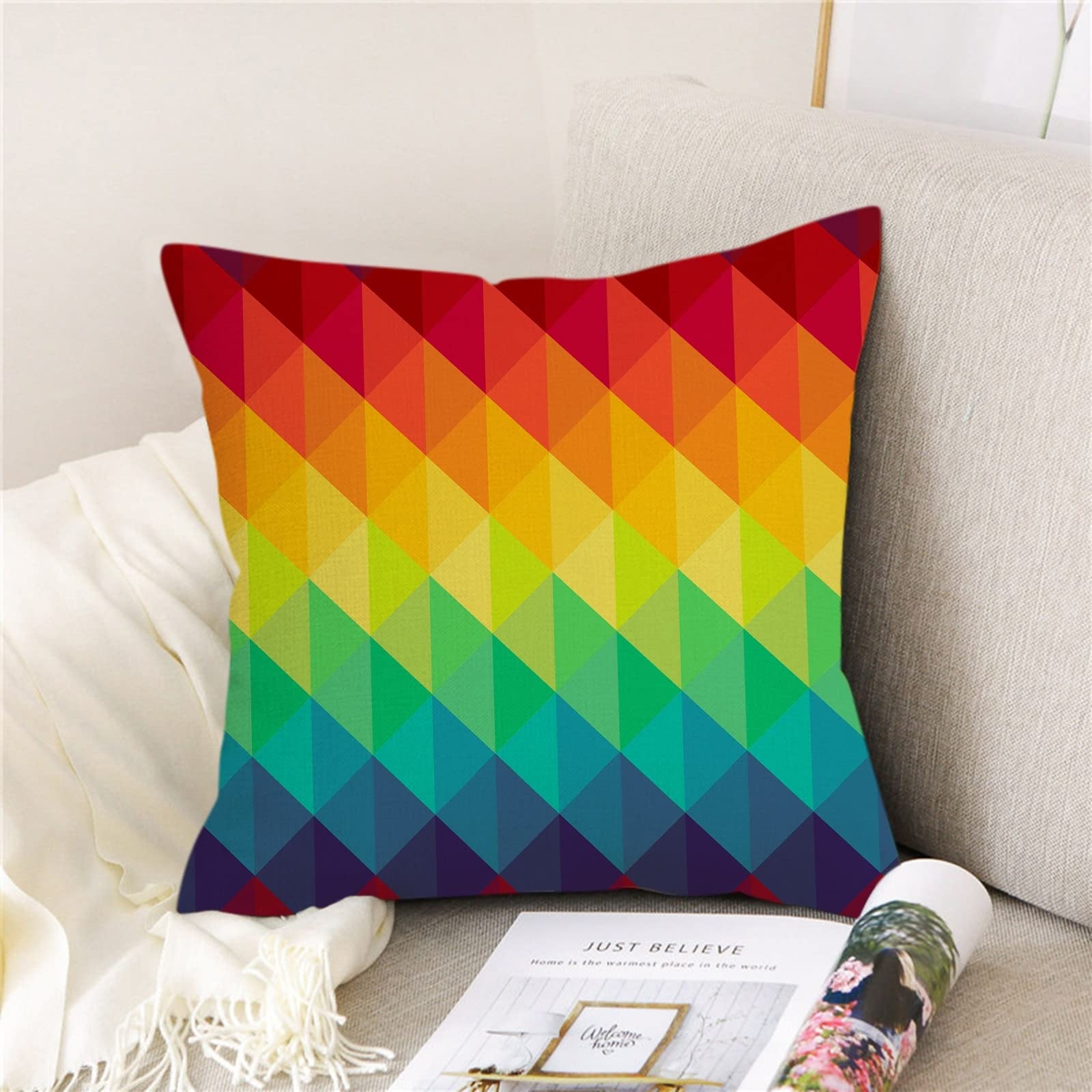 AmDxD Zestaw 4 dekoracyjnych poszewek na poduszki 50 x 50 cm, miękkie kwadratowe, dekoracyjne poszewki z wzorem w tęczowe kolory siatki, z lnu, na sofę, do pokoju, biura (zestaw 4 sztuk, kolorowe)