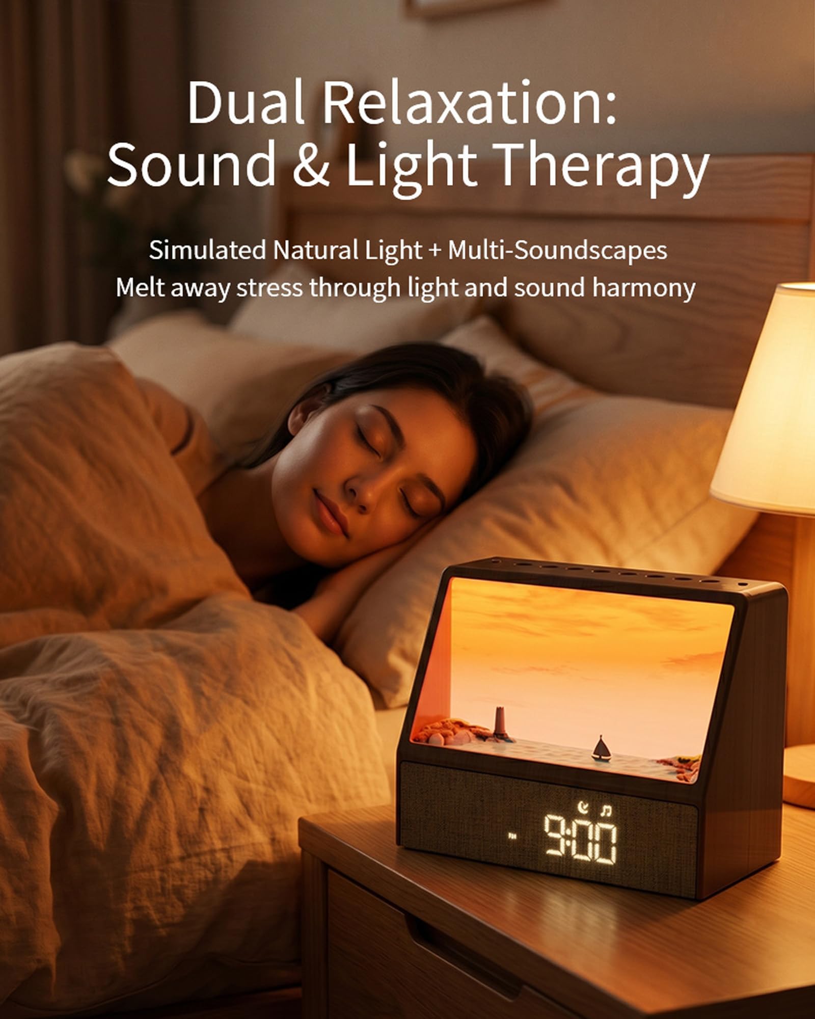 Reveil Simulateur D'aube avec Six Éclairages D'ambiance,Réveil Lumineux Comprend 12 Types De Bruit Blanc,Enceinte Bluetooth,Minuteur, Réveil Matin Veilleuse Pour Enfant/Ado/Adulte (Couleur bois)