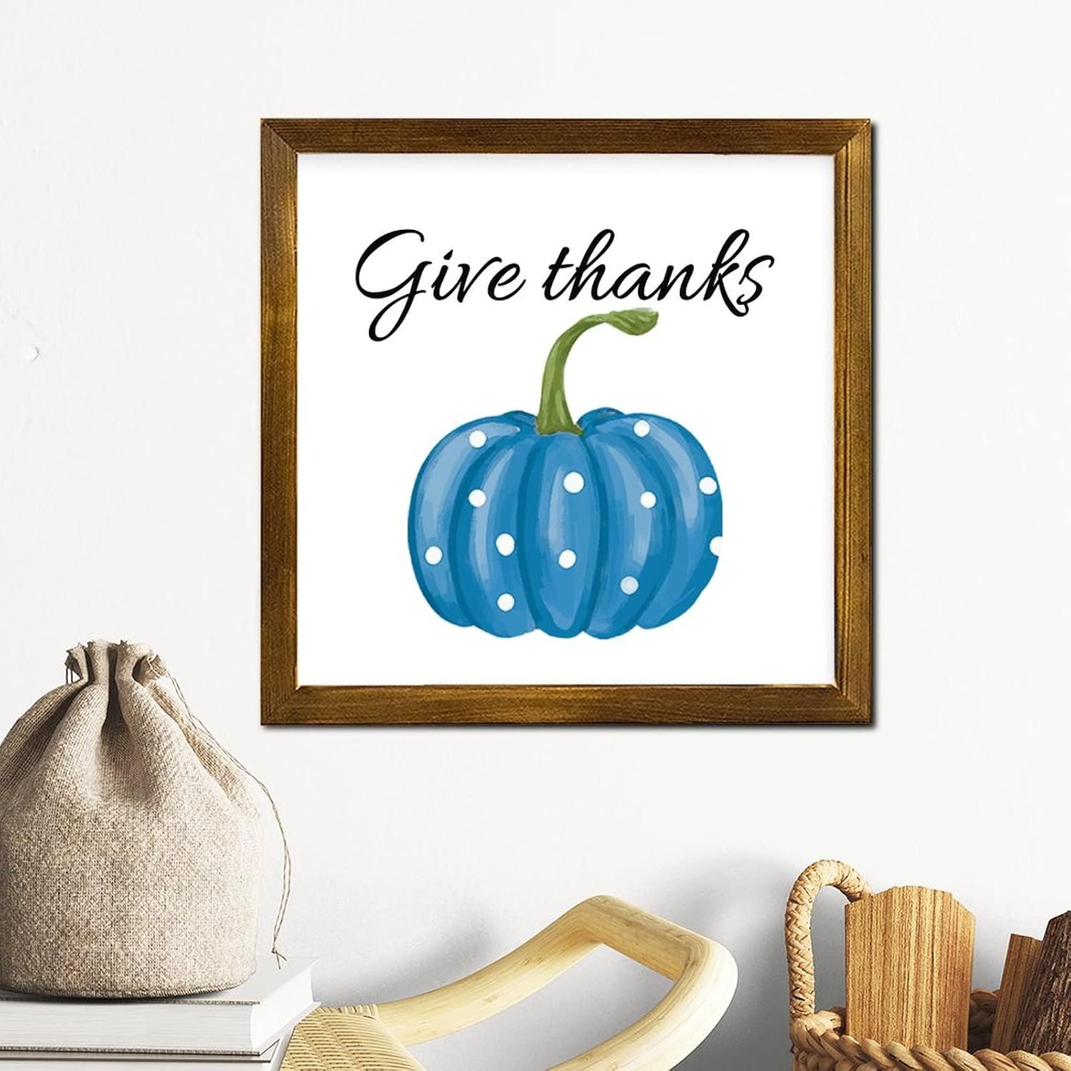 Give Thanks Thanksgiving Day Framed Wood Sign Pumpkin Maple Leaves Wooden Wall Hangings Vintage Autumn Harvest Hanging Wall Signs Decor for Women Office Bathroom Shelf Decor 12x12 inch