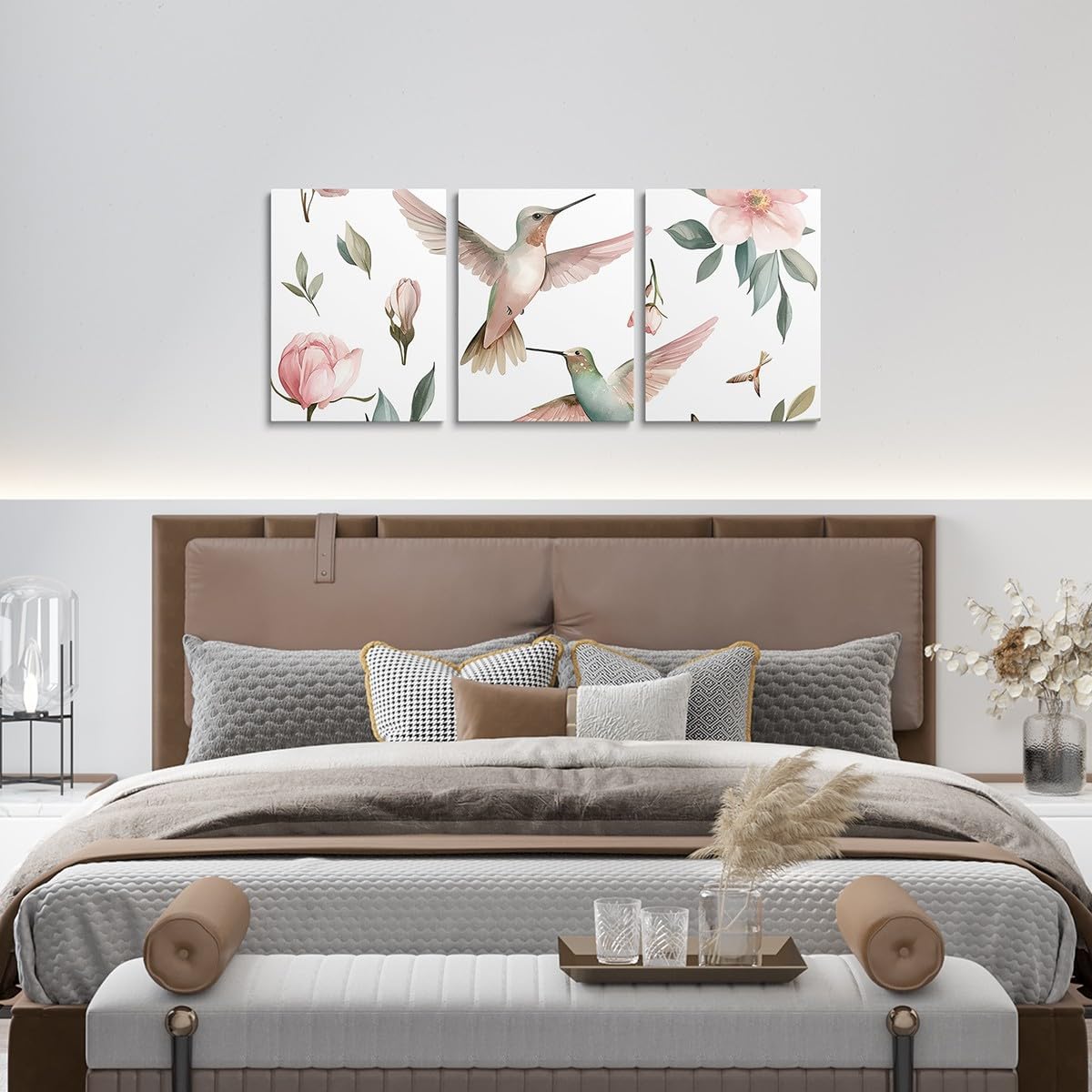 jejeloiu Hummingbird Canvas Wall Art for Living Room Bedroom 12" x 16" 3 Piece Tropical Birds Picture Wall Decor Flowers Office Decorations Artwork Posters Spring Garden Pink Painting