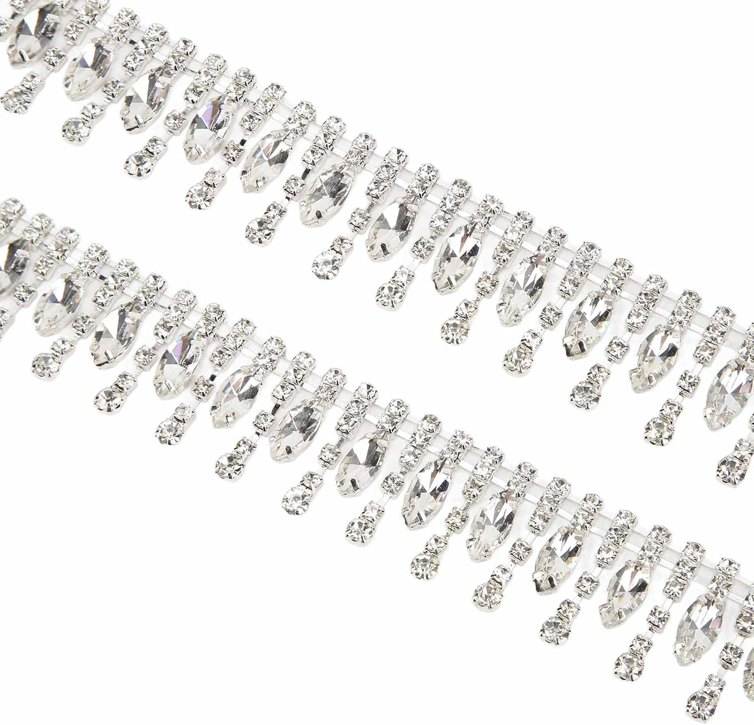 Crystal Rhinestones Trim 3cm x 1 Yard AB Fancy Horse Eye Shaped Crystal Gems Fringe Elegant Exquisite Tassel Rhinstone Chain for DIY Clothes Bag Shoes Decorations(Sliver)