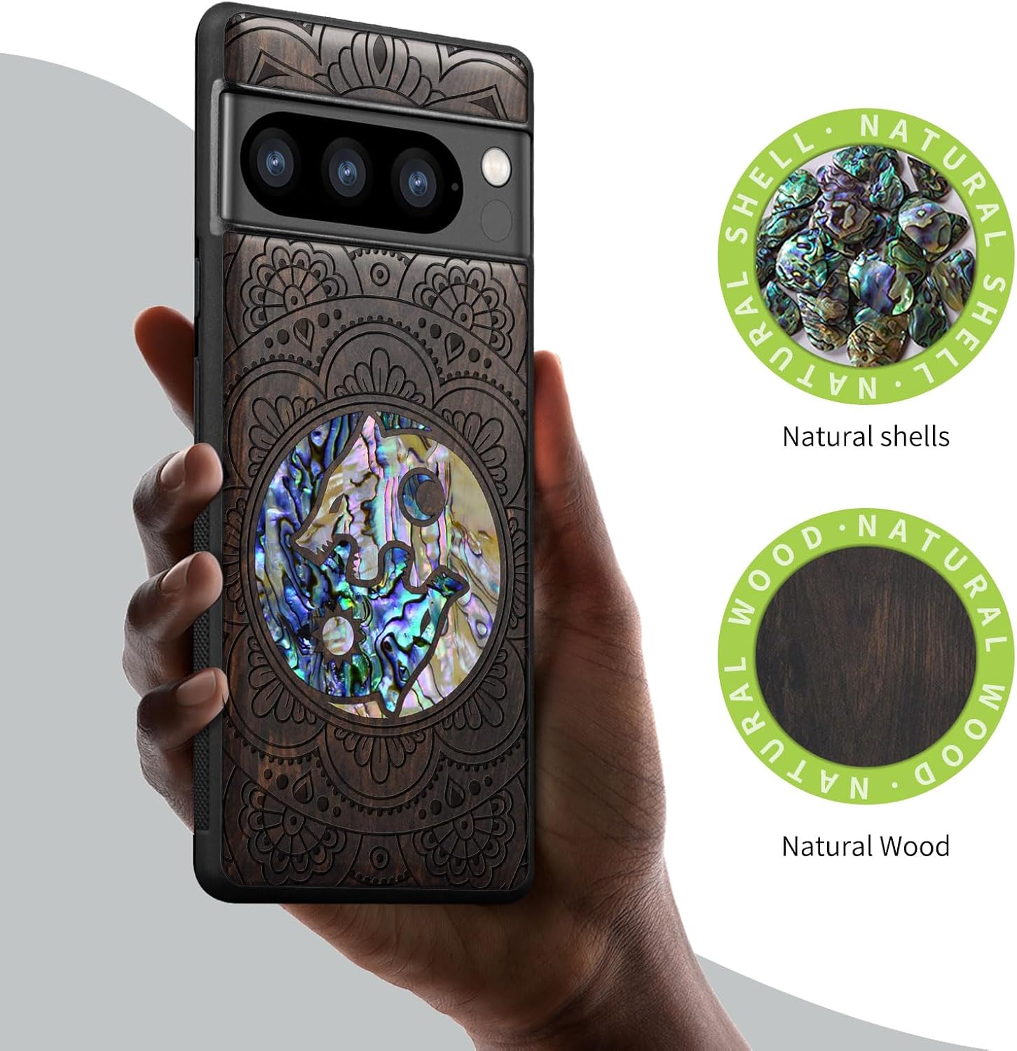 Carveit Designer Wooden Case for Google Pixel 8 Pro Case Cover [Wood Engraving & Shell Inlay] Compatible with Wireless Chargers Pixel 8 Pro (Shell Yin Yang Wolf-Blackwood)