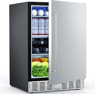 24 Inch Beverage Refrigerator, Under Counter Freestanding Beverage Cooler 180 Can, Outdoor Fridge with Stainless Steel Door, Outdoor Refrigerator for Patio, Home, Kitchen, Bar (Silver)