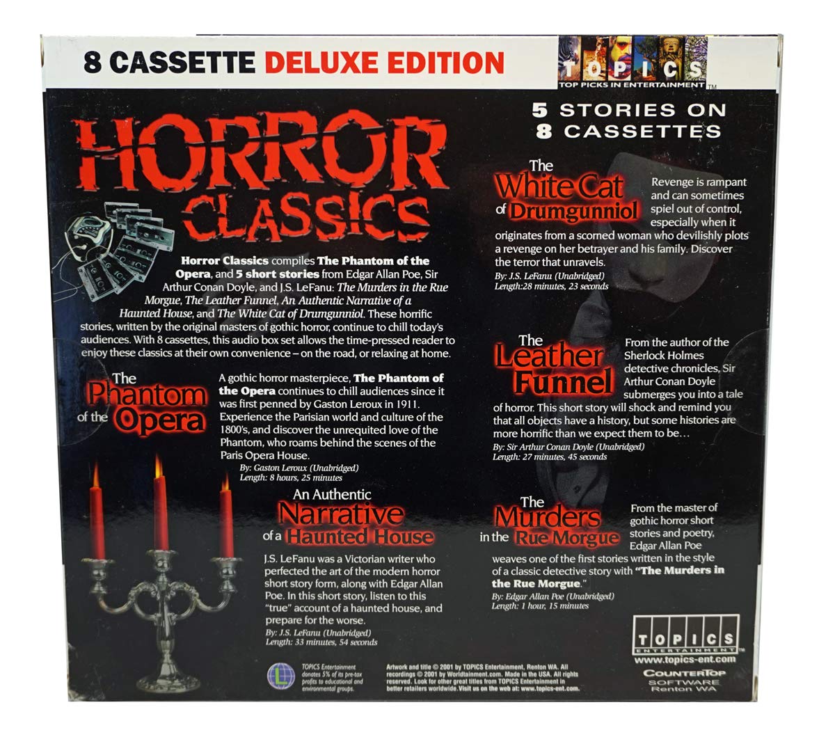 Topics 8 Audio Cassette Set - Horror Classics - Featuring Gaston Leroux's The Phantom of The Opera and Works from Edgar Allen Poe, A.C. Doyle & J.S. LeFanu