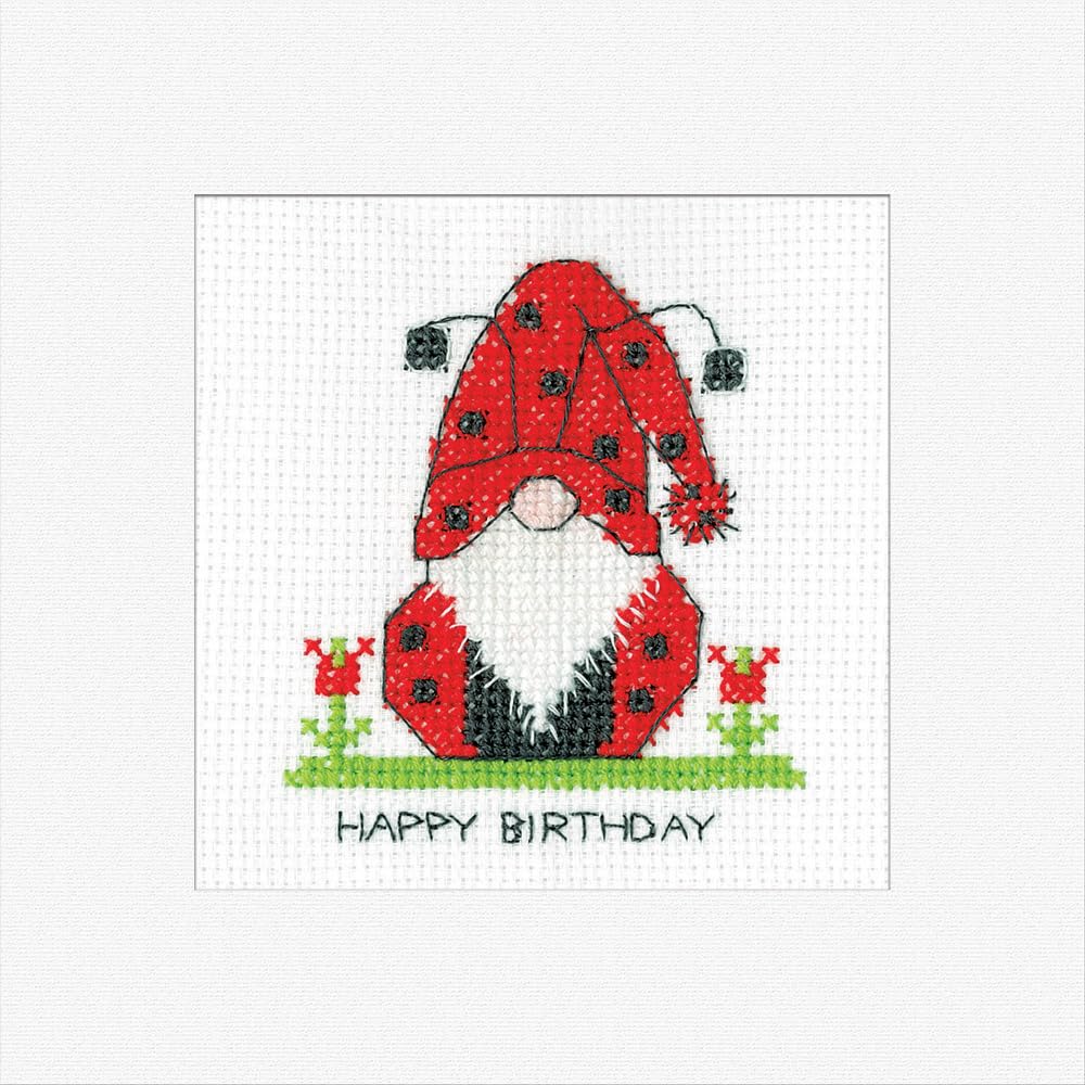 Heritage Crafts Mixed Gonk - Birthday Ladybird Cross Stitch Greeting Card