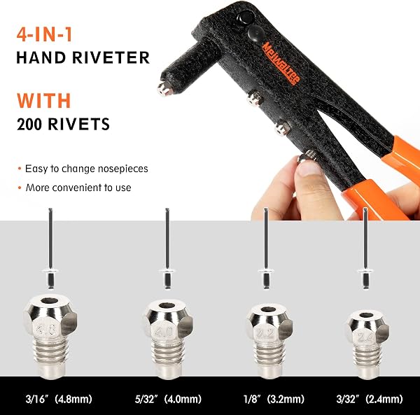 Meiwaltee Pince à rivets avec 200pcs rivets, Professionnelle Robuste 4 en 1 Riveteuse Manuelle - 4 Tailles : 2.4 MM - 3.2 MM - 4.0 MM - 4.8 MM,Outil de rivetage pour Automobile, Meubles, Instruments - 3