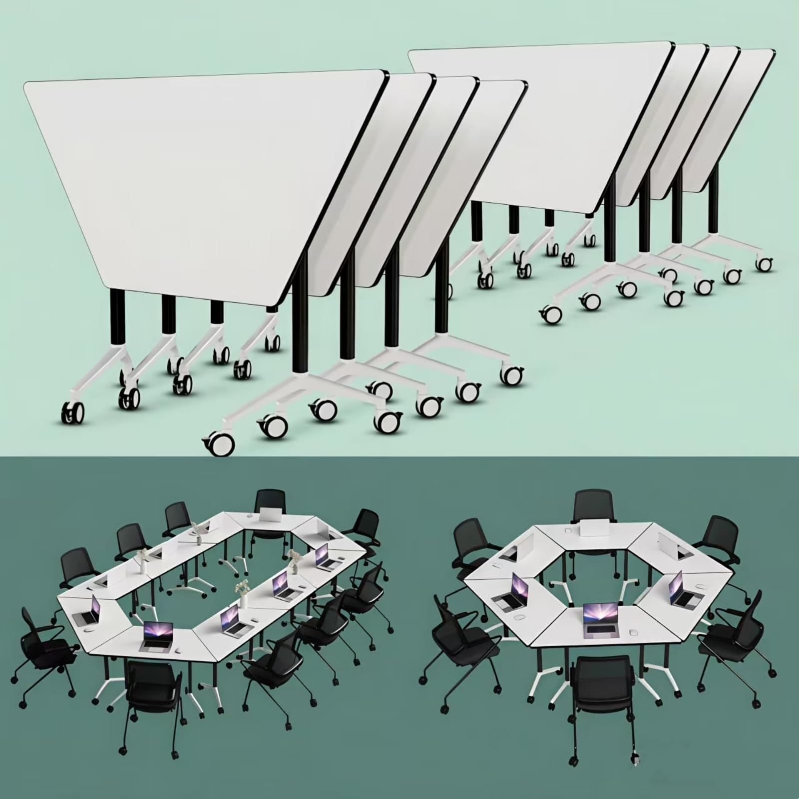 47.2" Movable Conference Room Tables with Wheels, Mobile Office Conference Table Folding Meeting Table, Rolling Trapezoidal Training Table Modern