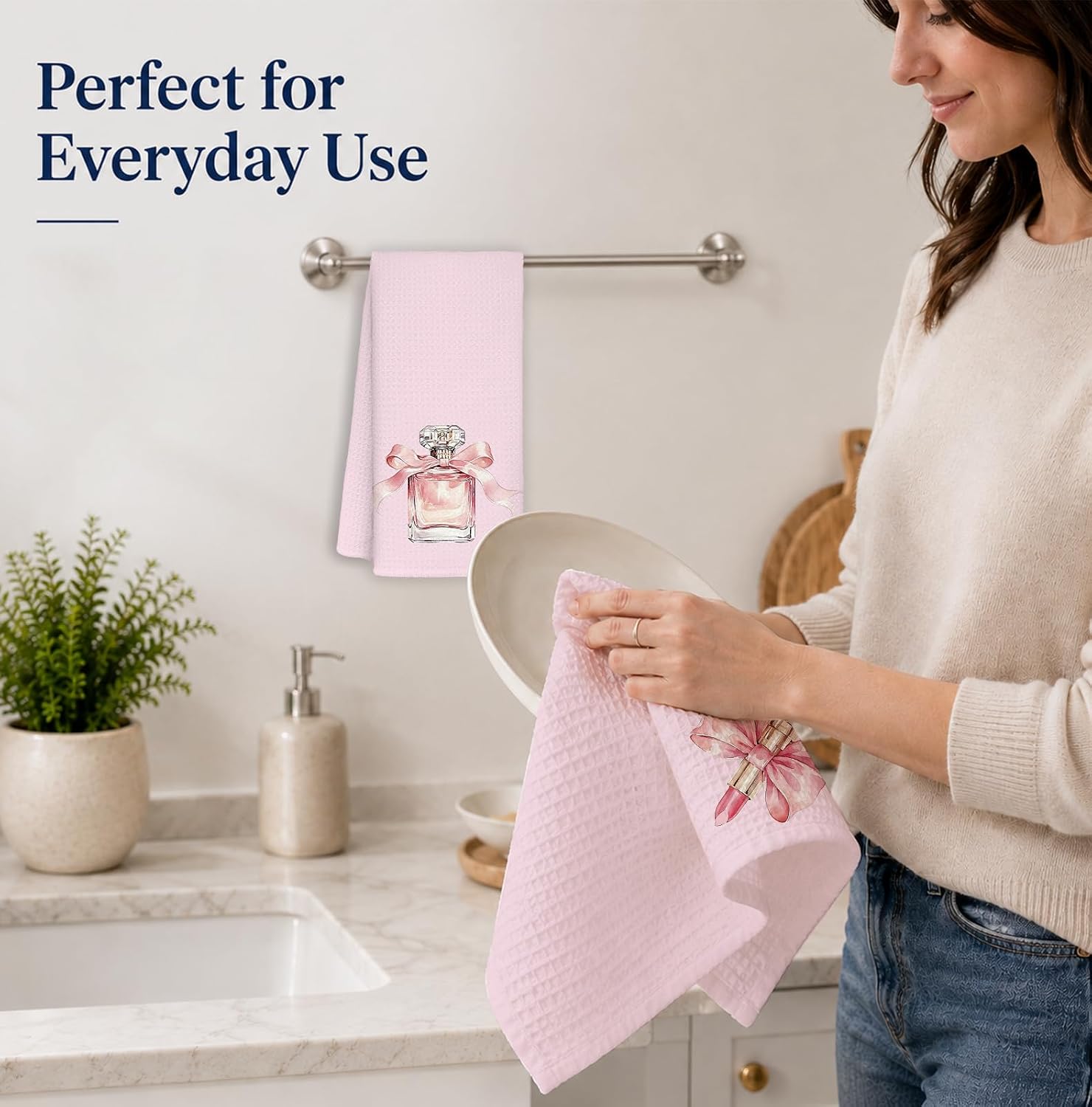 Coquette Pink Bow Perfume Lipstick Kitchen Dish Towels 16x24 inch, Trendy Preppy Girly Aesthetic Decorative Hand Tea Towels for Girls Bathroom Powder Room, Set of 2