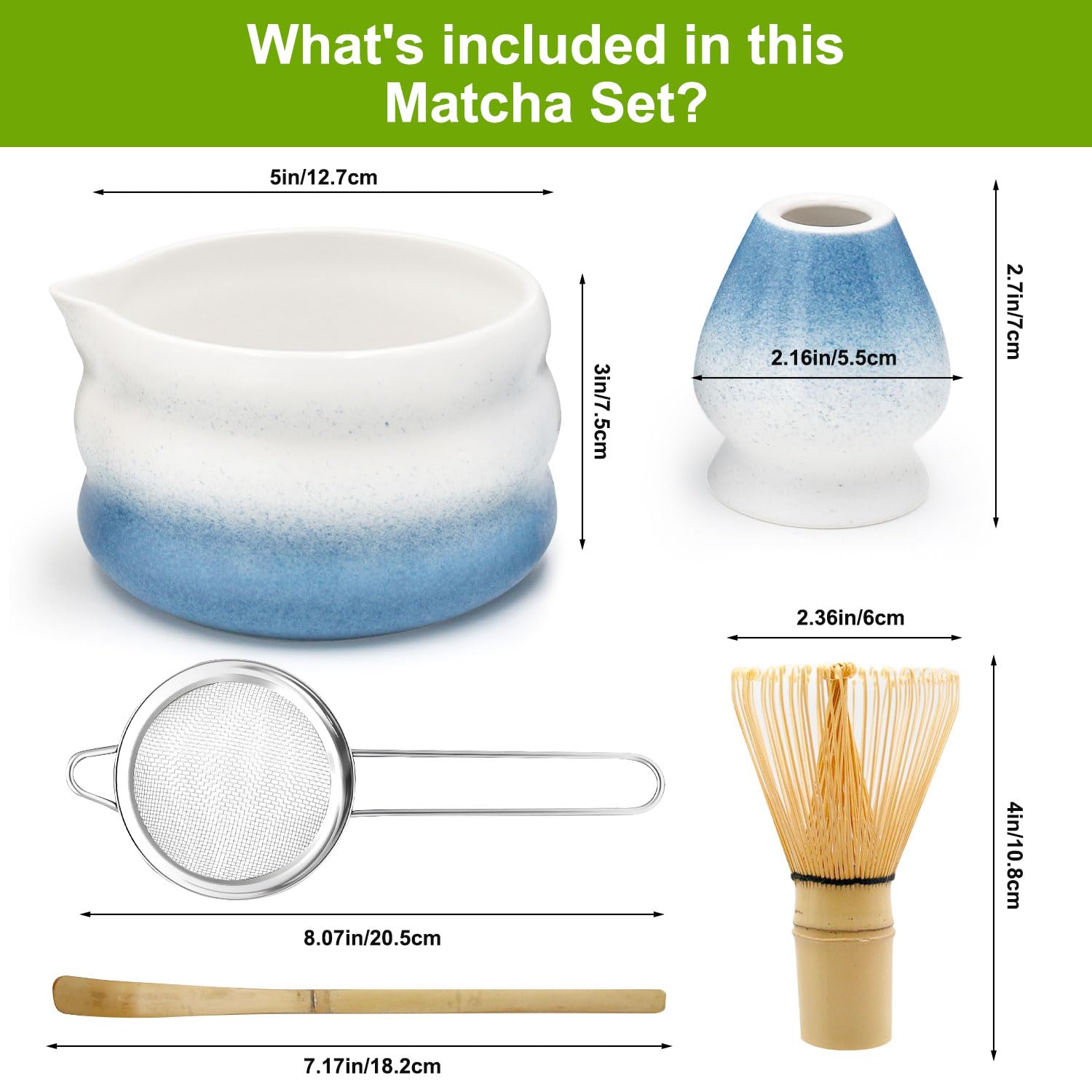 Matcha-Set 7-teilig – Japanische Matcha-Schale, Bambusbesen (76 Zinken), Schaufel, Sieb, Tuch & Ständer – Blau, Als Geschenkbox – Ideal Für Tee-Zeremonien