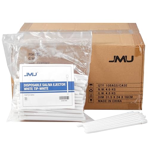 JMU 1000pcs eyectores de saliva dentales desechables, punta blanca de cuerpo blanco, puntas de succión de evacuación, 10 bolsascaja