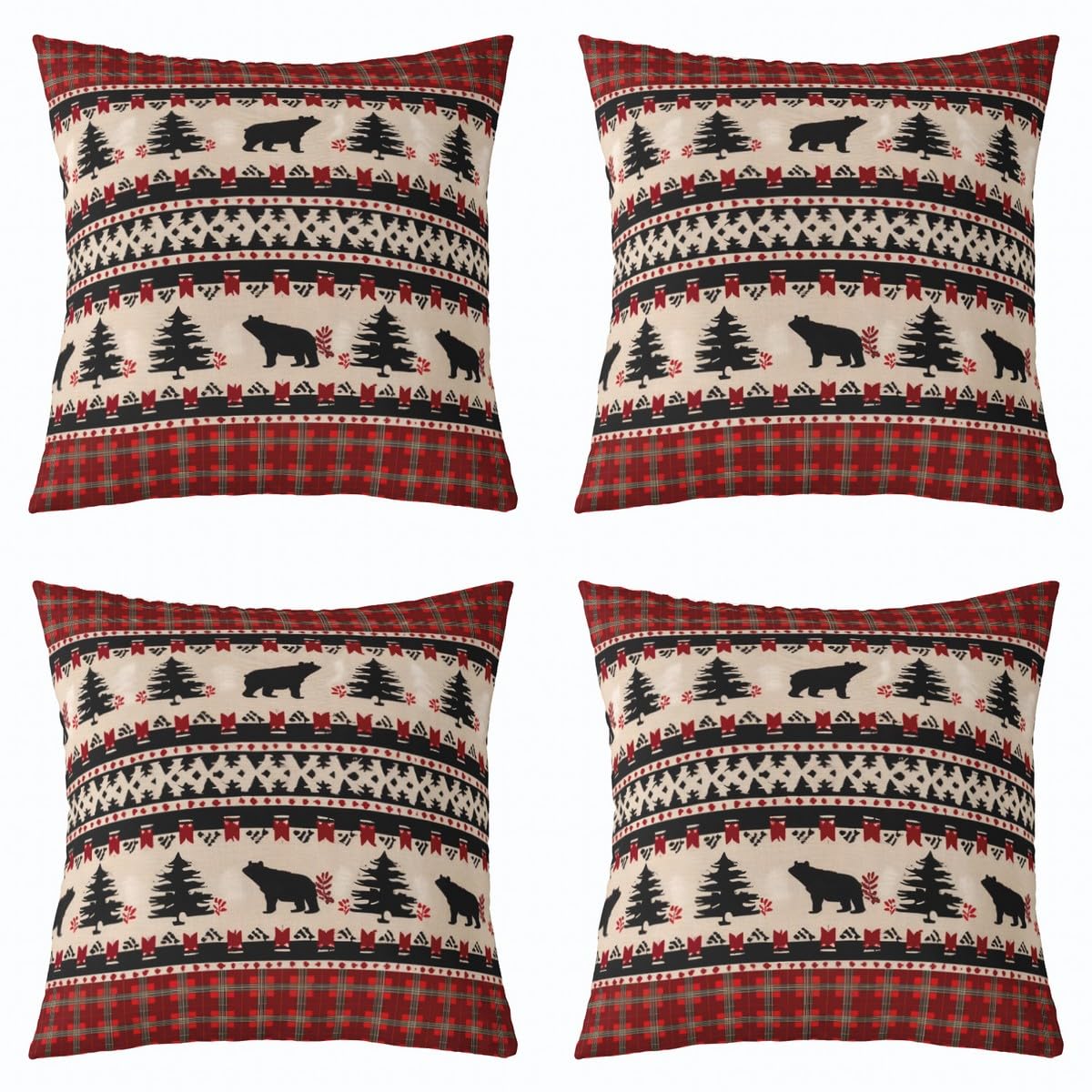 Housse de coussin réversible ours rouge forêt en lot de 4 pièces