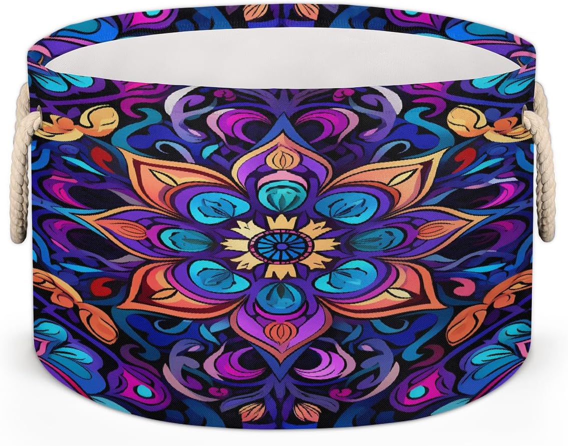 Large Storage Basket Purple Mandala Traditional Ethnic Pattern Round Nursery Toy Organizer Bin with Cotton Rope Handles Collapsible Laundry Hamper Blanket Basket for Living Room, 20"×13"