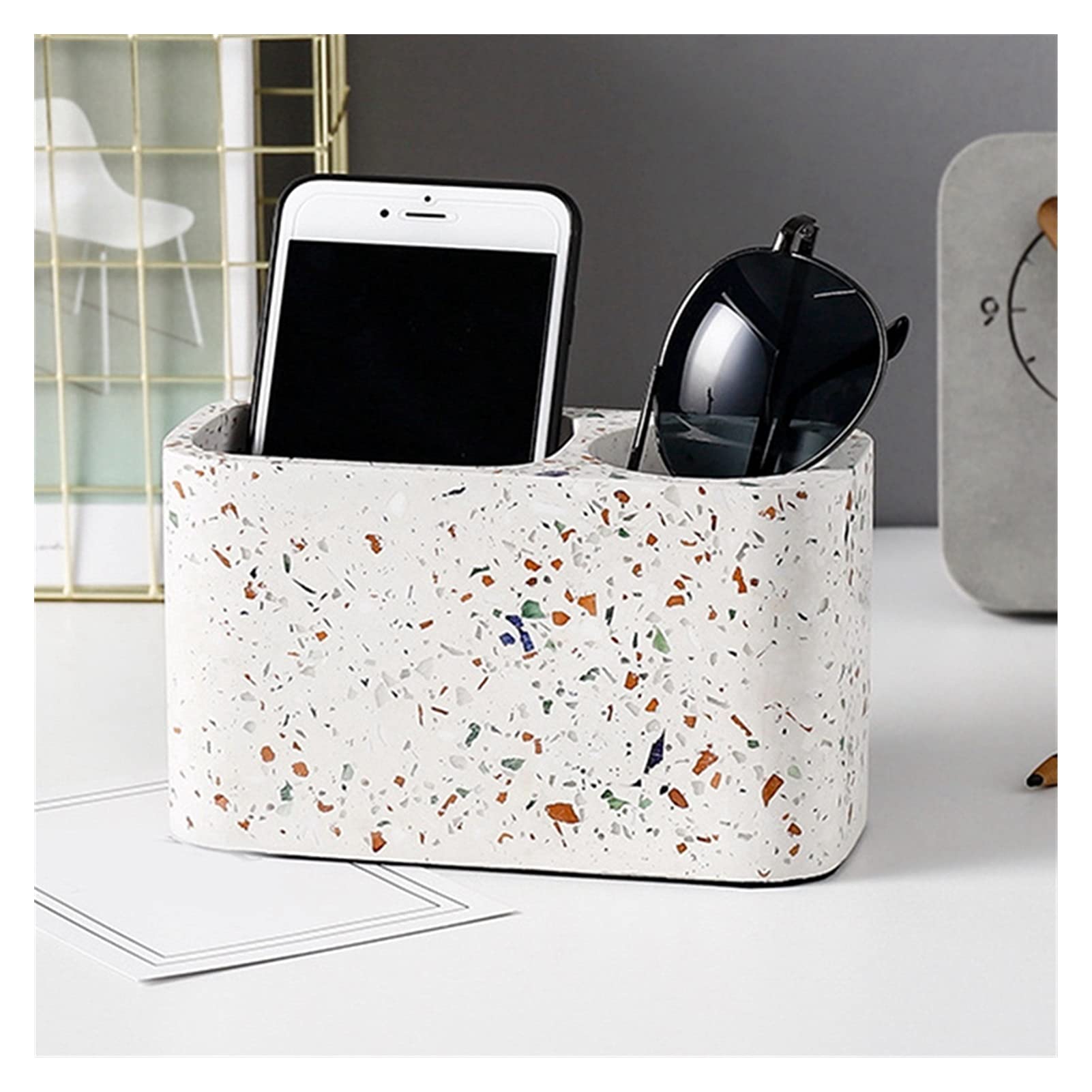 Porte Stylo Papeterie de Bureau Boîte de Rangement Terrazzo Deux-Trous Porte-Stylo Papeterie Box Student Stylo Support Maquillage Brosse Boîte de Rangement Porte-Crayon de Bureau