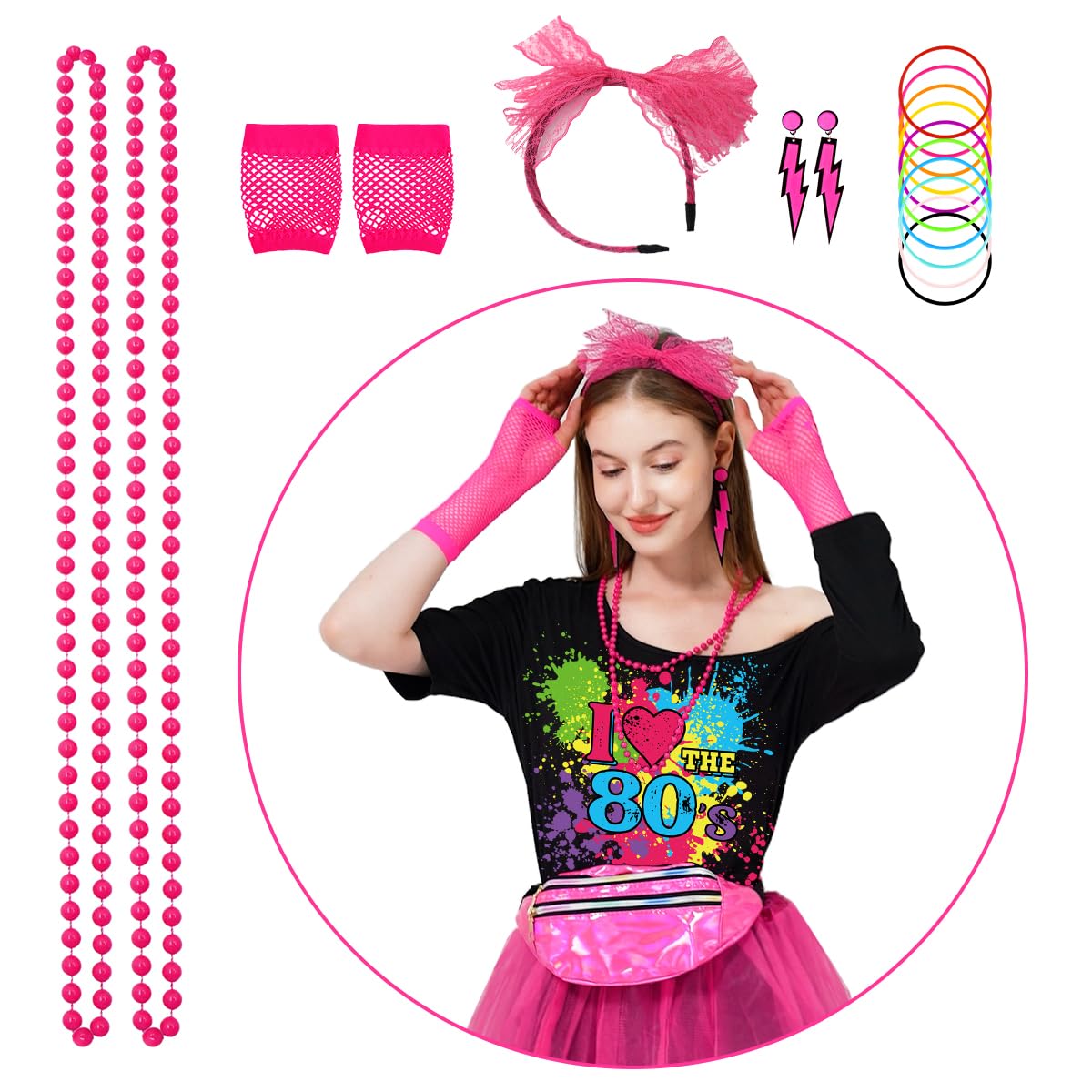 WILDPARTY Accessoires de costume des années 80 pour femme, t-shirt tutu, bandeau, boucles d'oreilles, collier, gants en résille, jambières