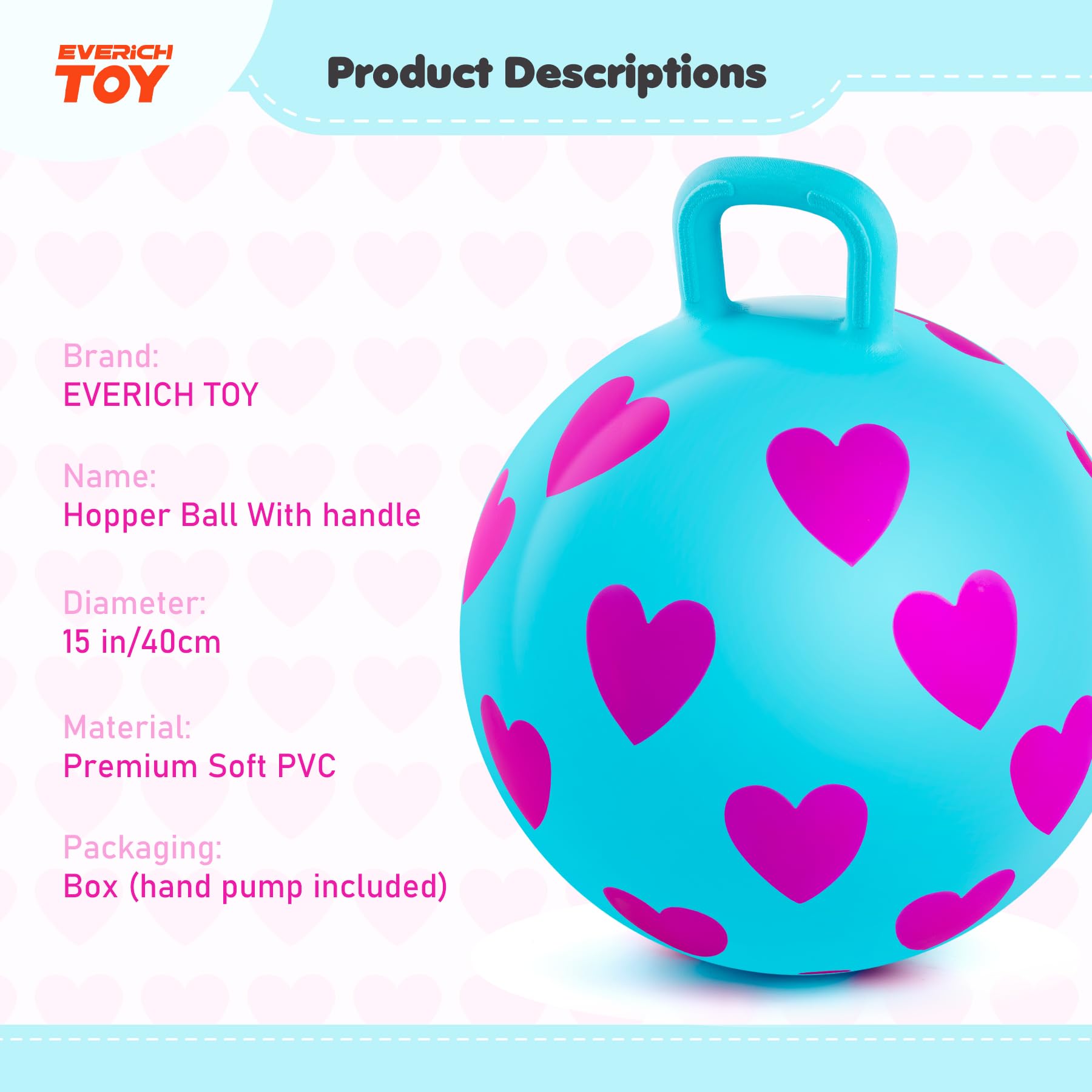 EVERICH Toy Hopper Ball für Kinder von 3-6 Jahren, Hippity Hop Spielzeug, 15 Zoll Aufblasbarer Sitzball für drinnen und draußen, aufblasbares Spielzeug für Mädchen Jungen mit Pumpe
