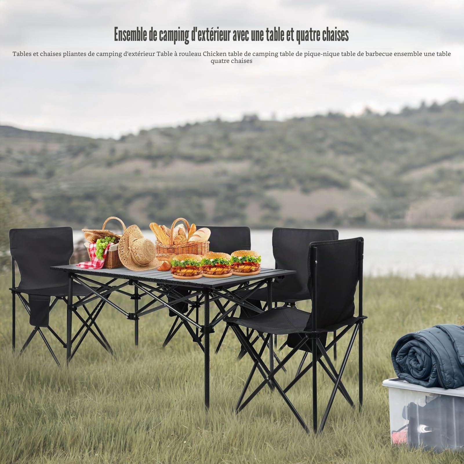 Hislaves Lot de 4 tables de camping pliantes avec chaises, table de pique-nique portable, table de jardin et chaises, ensemble de pêche, barbecue, table de randonnée avec grand organisateur de