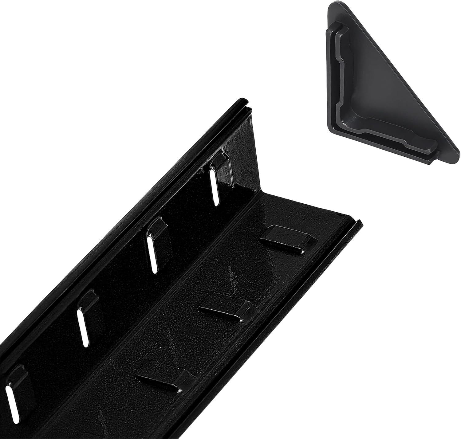 Close-up of the shelving unit's steel frame and plastic edge protectors