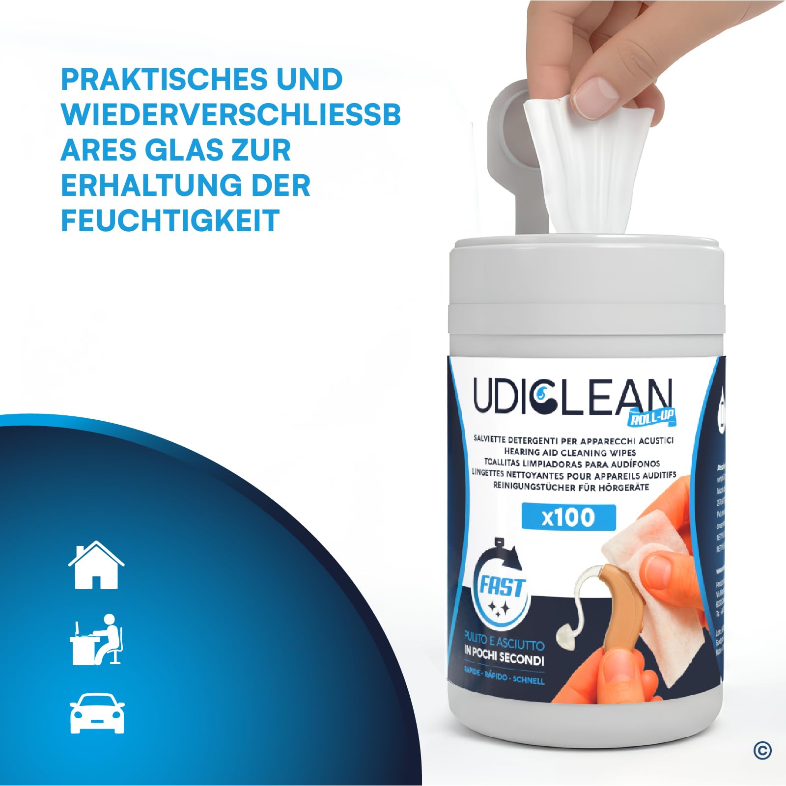 100 Reinigungstücher für Hörgeräte Reinigung Reinigungsmittel Roll-Up Udiclean Wiederverschließbaren Feuchtigkeitssparenden - Spender Maxi Widerstandsfähige Tücher Reinigungsfett Schmutz