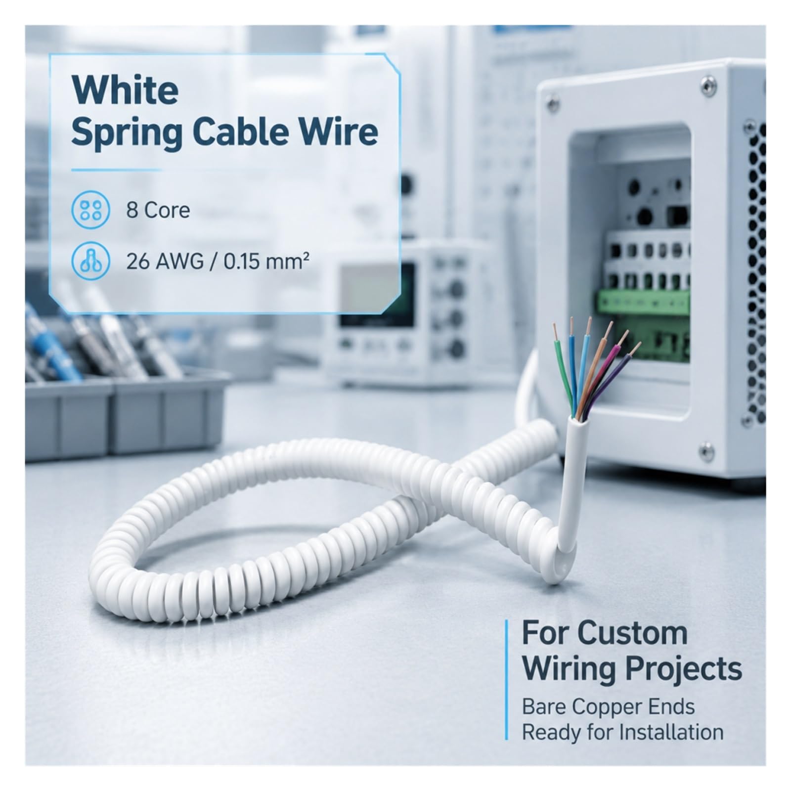 Cavo elettrico a spirale estensibile con cavo a molla a spirale a 8 nuclei | Cavo a molla bianco Filo 8 nuclei 26 AWG 0,15 mm² Stretch 1-10 metri Cavo telescopico a spirale(Stretch 6 meter)