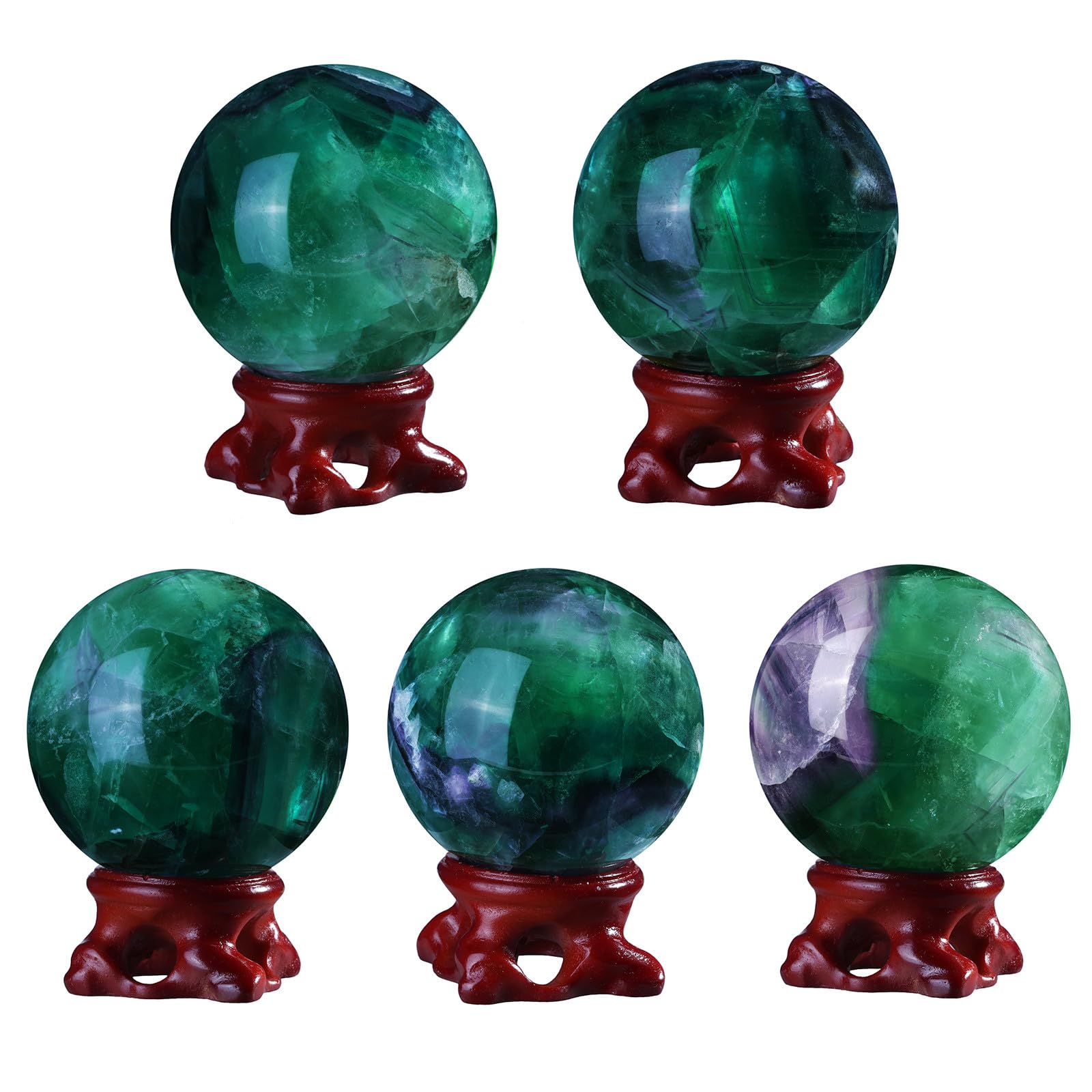 Nupuyai Sfera di cristallo di fluorite naturale con supporto, sfera di cristallo Feng Shui, decorazione per casa e ufficio, sfera di cristallo per meditazione, 51-60 mm