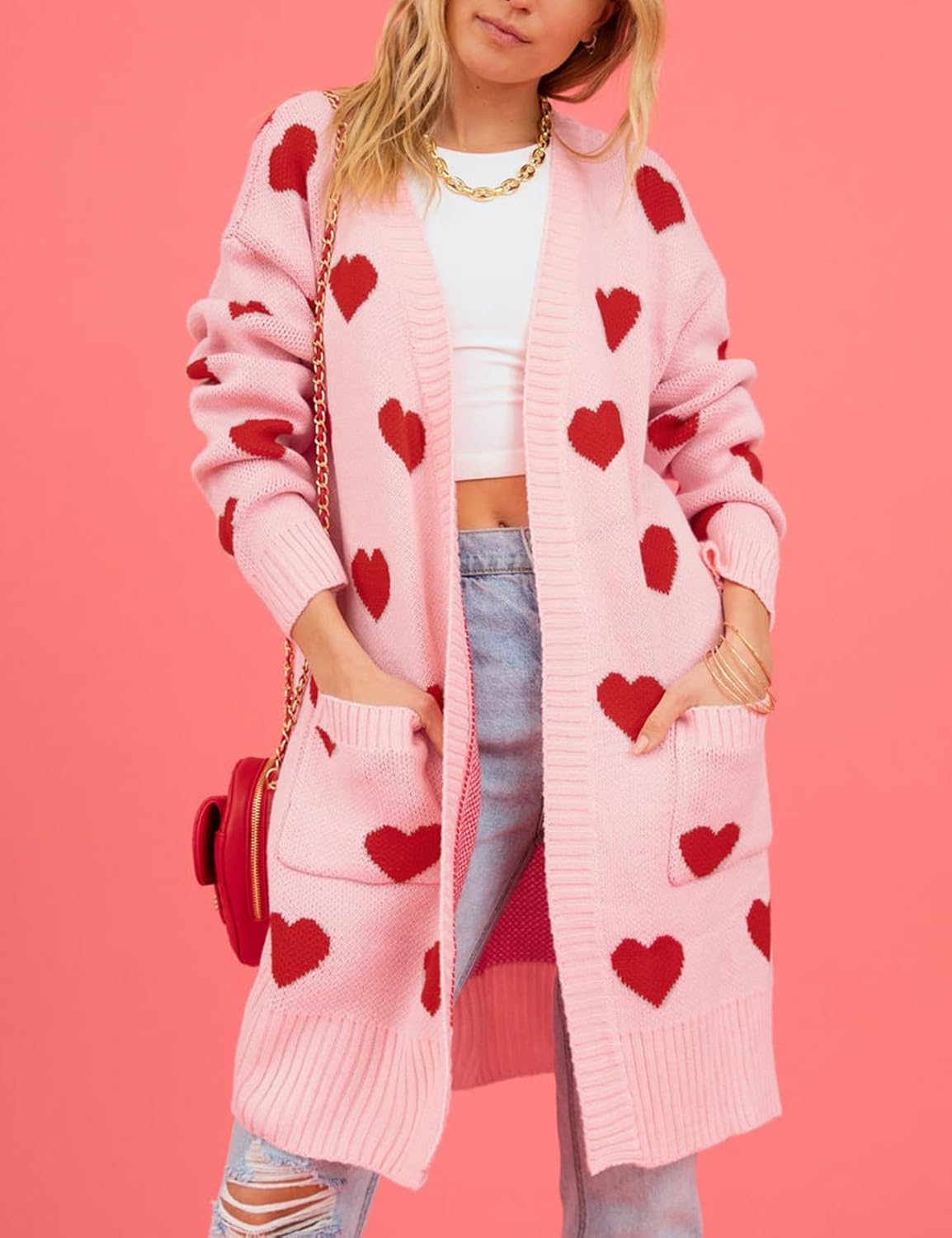 Wyeysyt Women Valentines Sweaters Heart Cardigan Long Chunky Knit Cardigan Sweaters