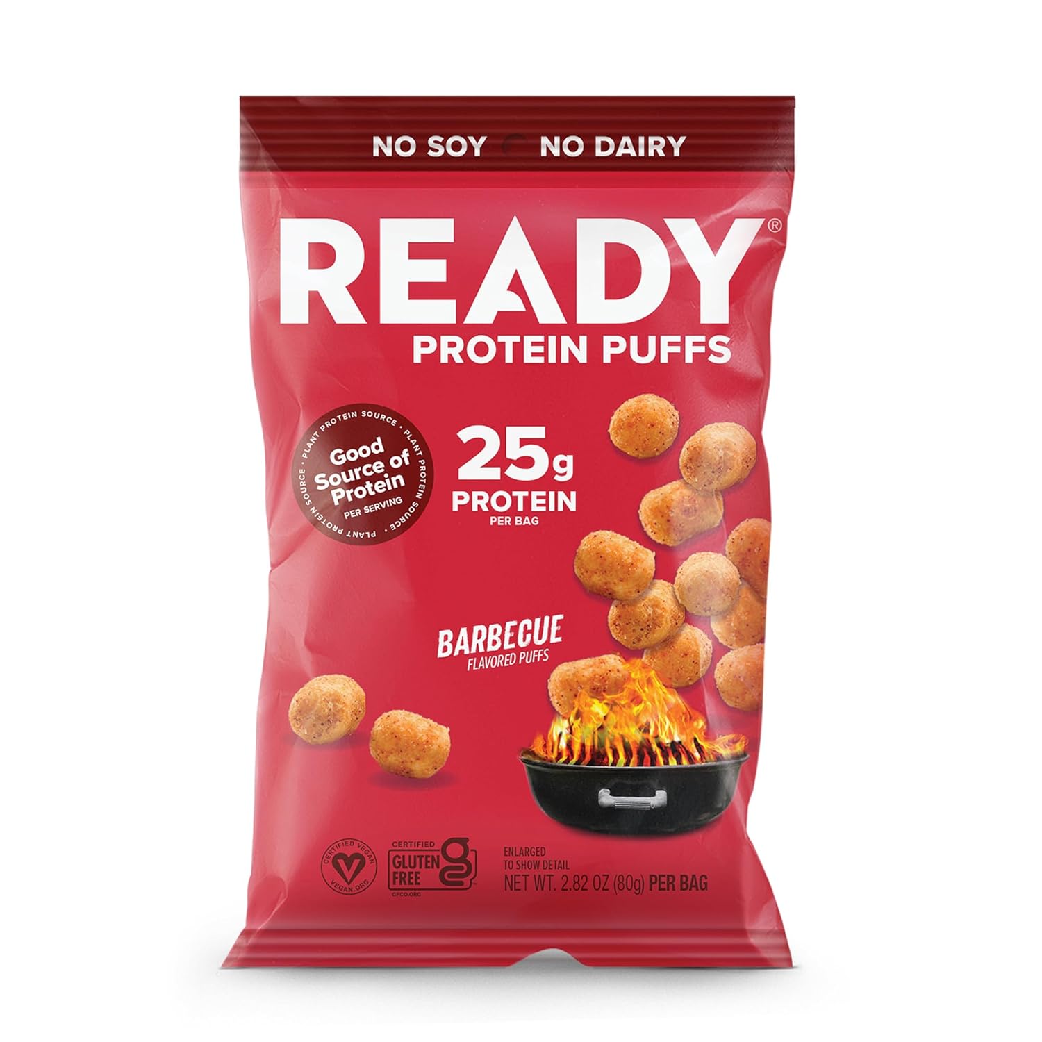 Ready® Protein Puffs – Guilt-Free, High-Protein Crunchy Snack – 25g Plant-Based Protein – Vegan, Gluten-Free, No Artificial Flavors – Barbecue (Case of 6, 2.5oz Bags)