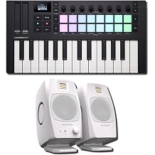 Novation Launchkey Mini 25 MK4 MIDI Controller Bundle with ADAM Audio D3V White Desktop Monitors Ribbon Tweeter Production Kit for Beat Making, Music Production, Streaming, Content Creation