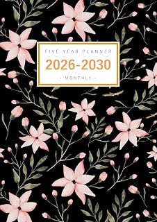 Five Year Planner 2026-2030: A5 Monthly Notebook Organizer Small | Watercolor Delicate Flower Design Black
