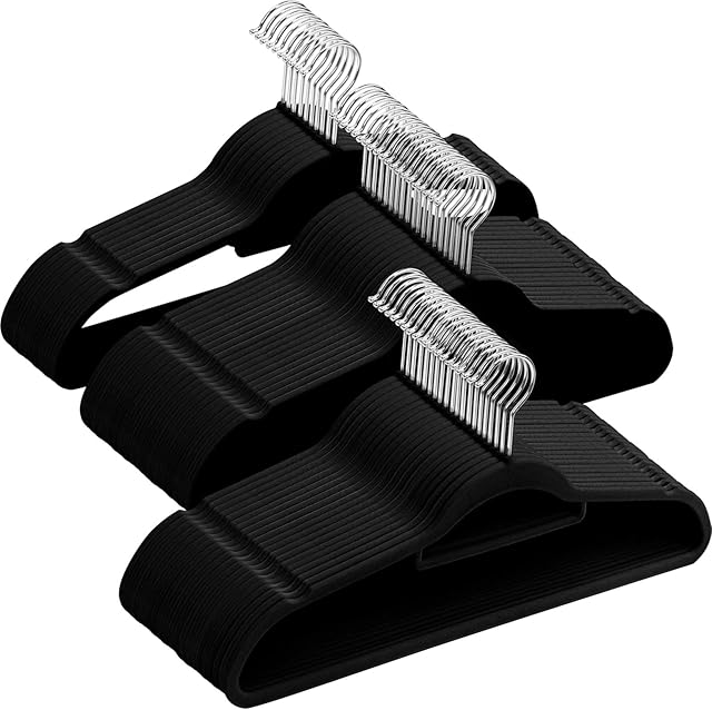 GRANDMA SHARK Coat Hanger, Velvet Flock with 2 Non-Slip Notches, Tie Organizer and 360° Hook, Space Saving Hanger for Suspenders, Coats, Jackets and Suits (Black, 50)