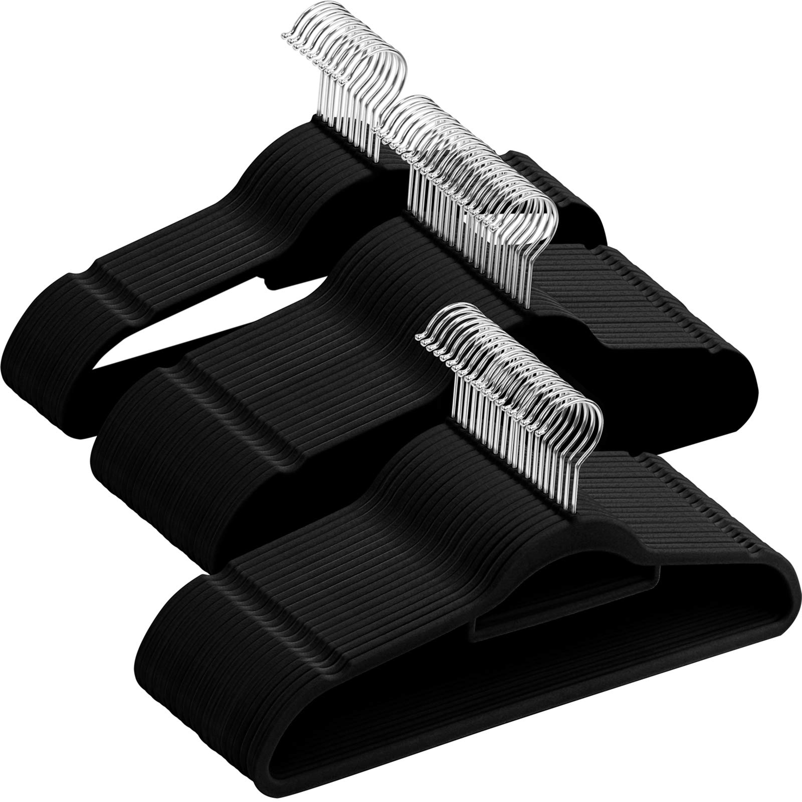 GRANDMA SHARK Velvet Flocked Non-slip Hangers, Space-saving Hanger with Two Notches and Tie Organizer 360° Hook, Suitable for Suspenders & Coats Jackets Suits (Black, 50), 45 x 23 x 0.5 centimeters